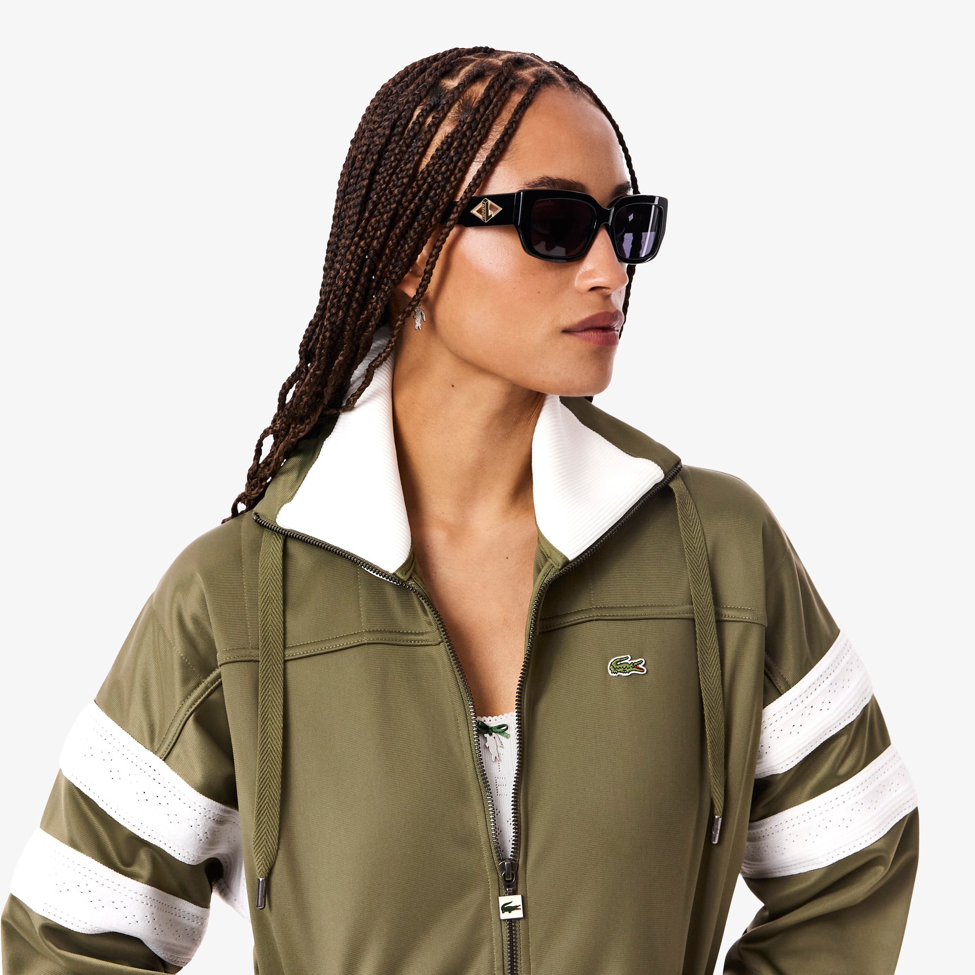 Women's Oversized Pointelle Stripe Satin Sweatshirt - Khaki Green