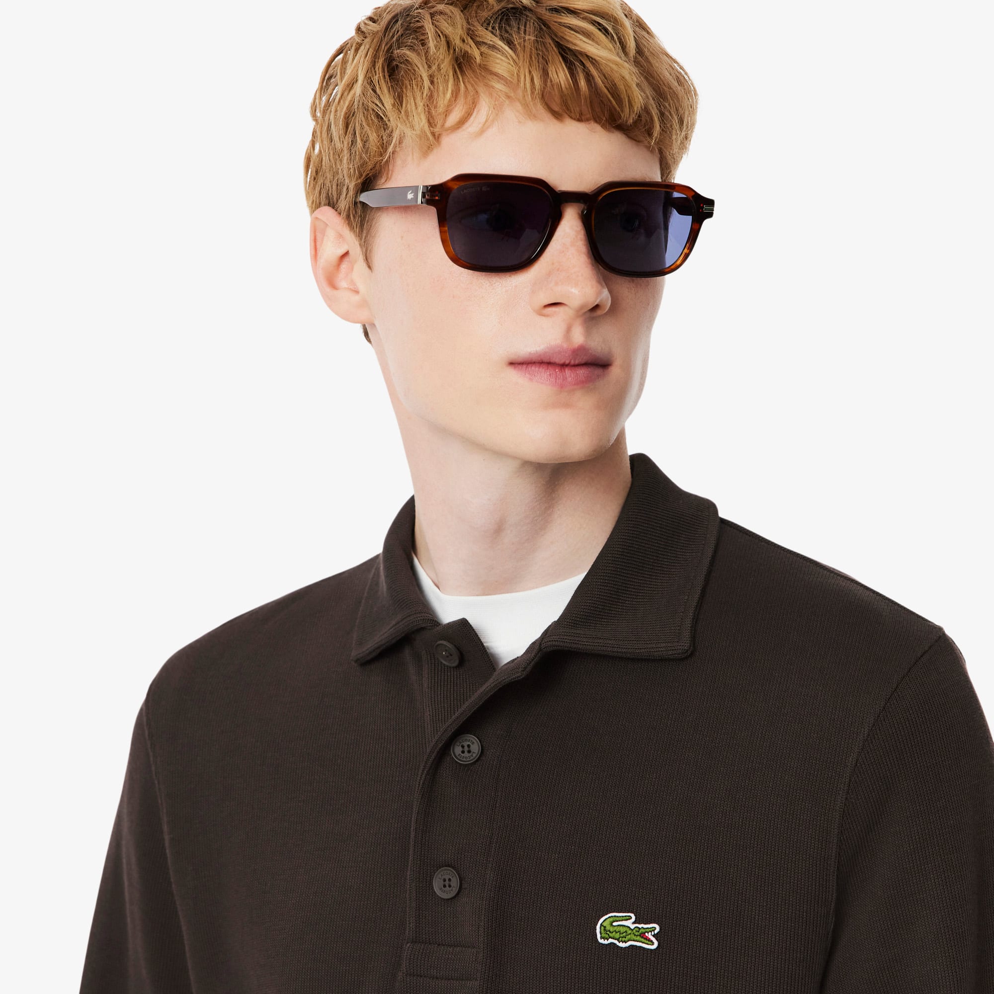 Men's Ribbed Cotton Polo Collar Sweatshirt - Brown