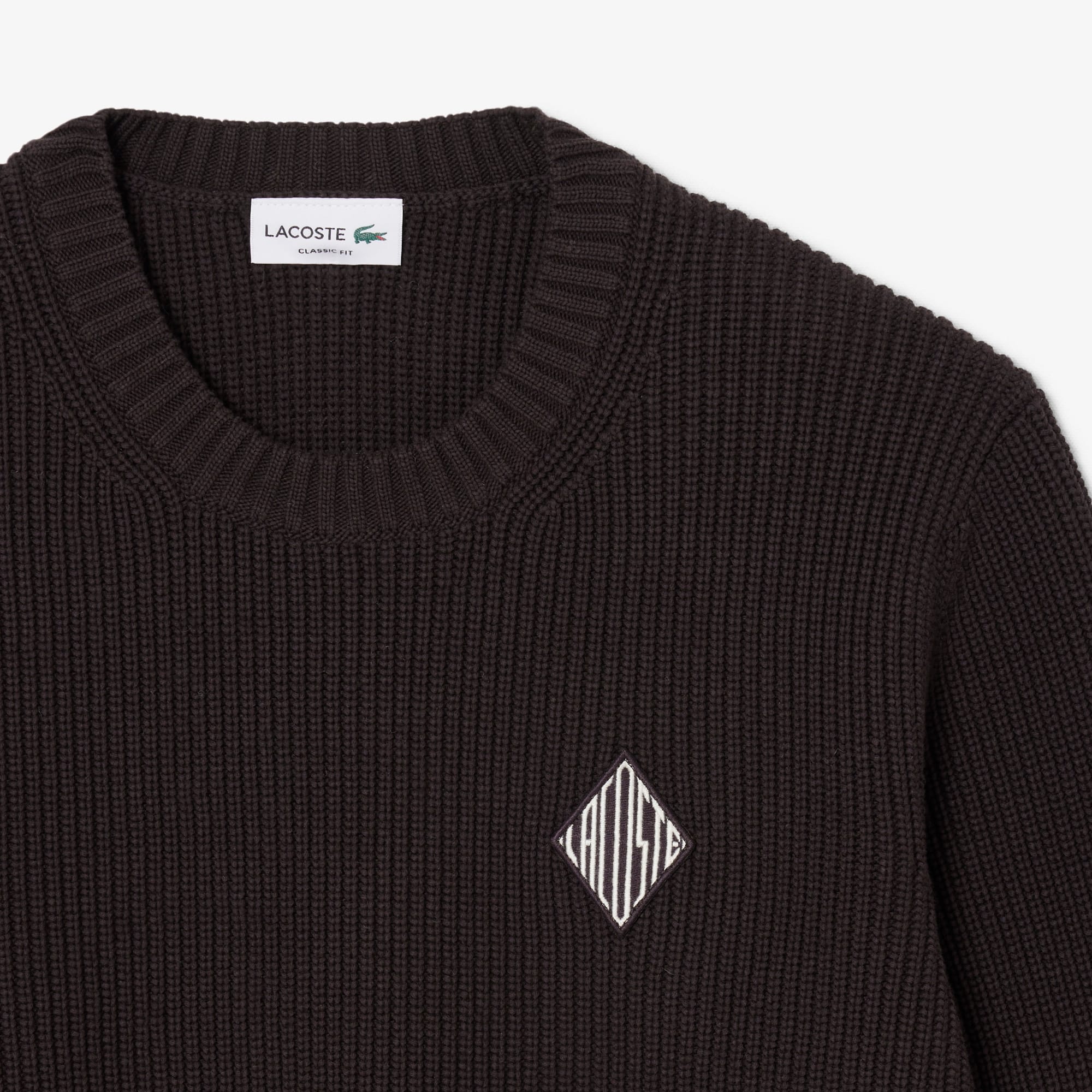 Pearl Rib Knit Badge Accent Sweater - Brown