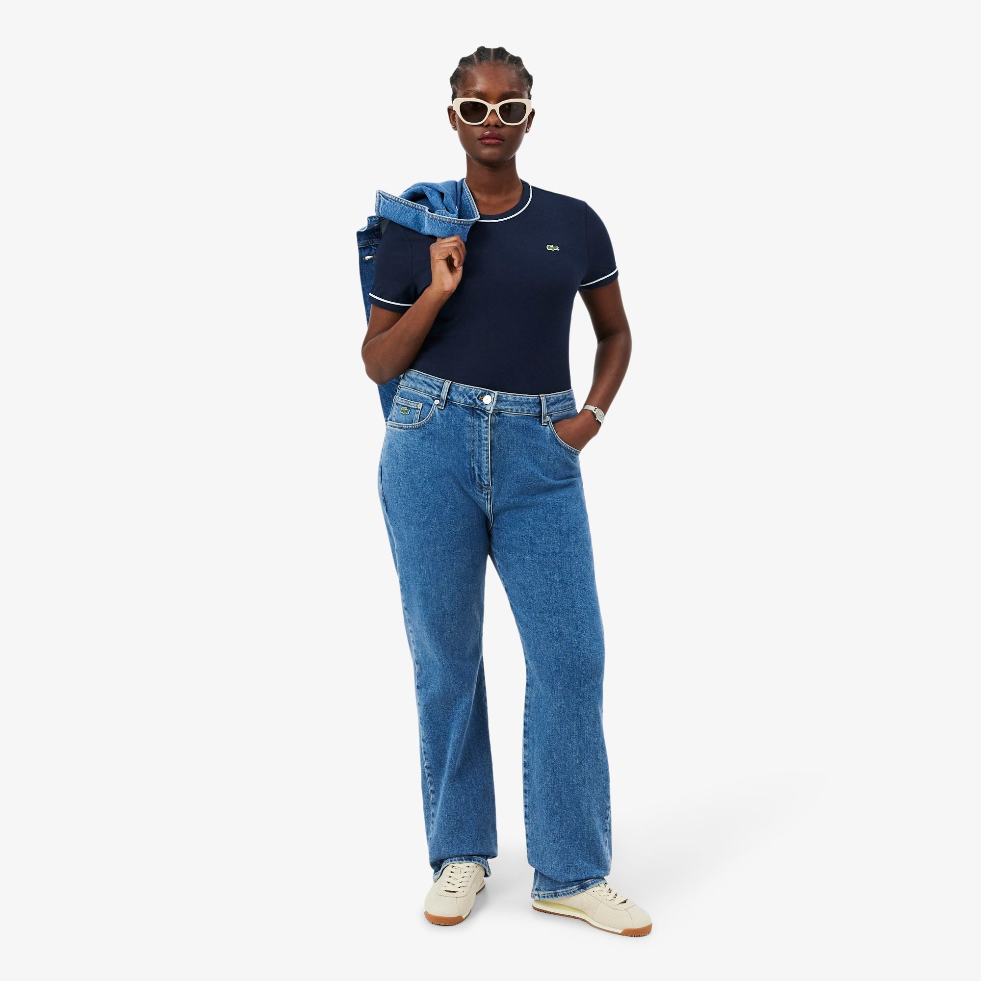 Women's Contrast Trim Jersey T-Shirt - Bleu Marine / Bleu Clair / Blanc