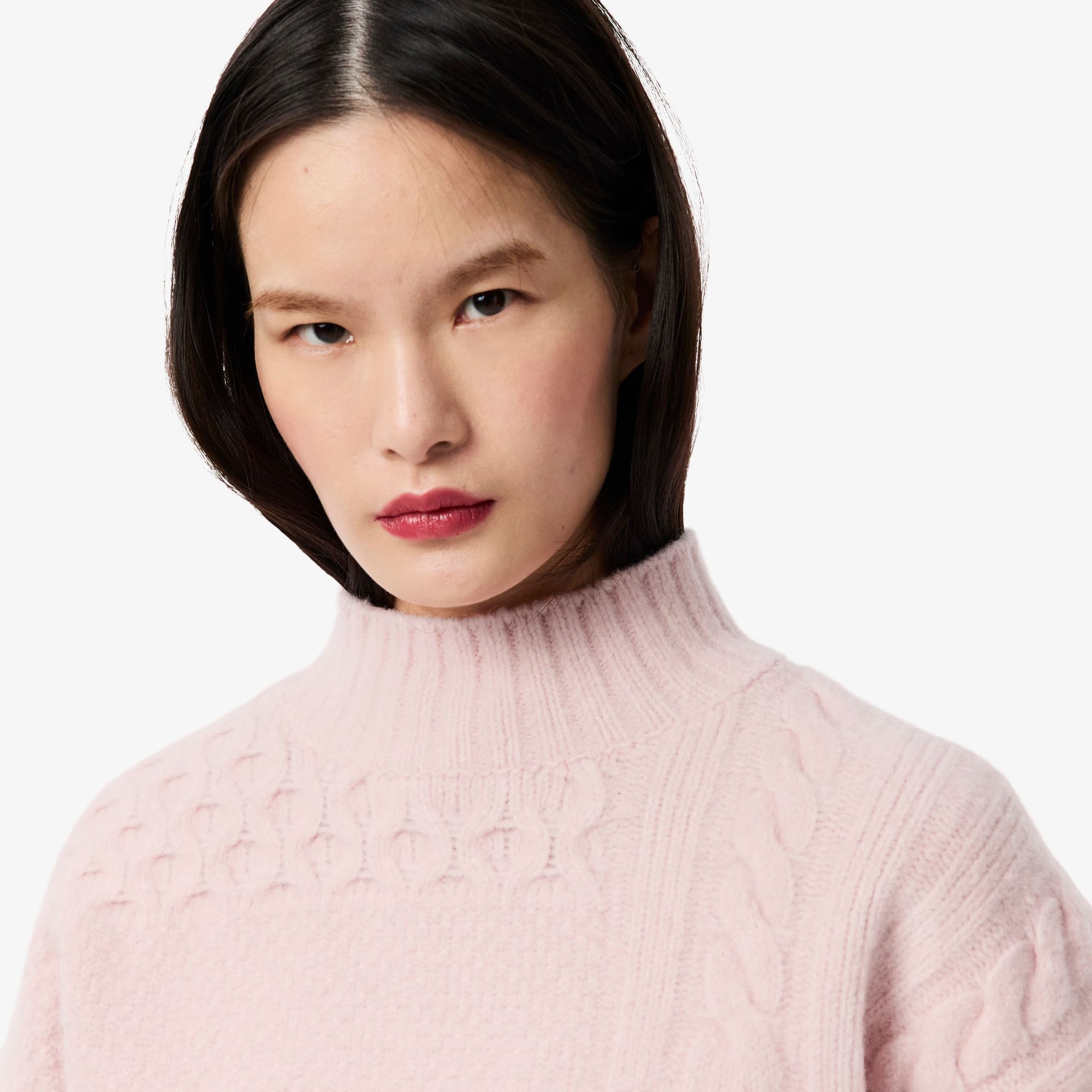 Women's Patchwork Effect High-Neck Wool Sweater - Light Pink