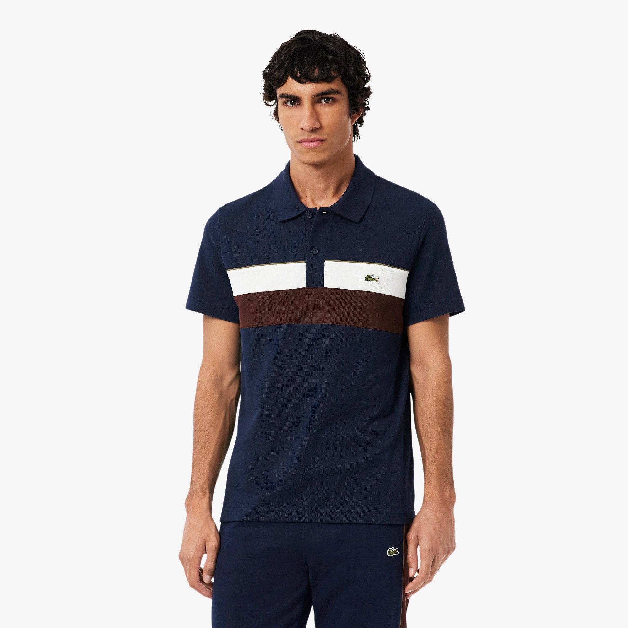 Men's Regular Fit Colorblock Petit Piqué Polo - Navy Blue / White / Brown