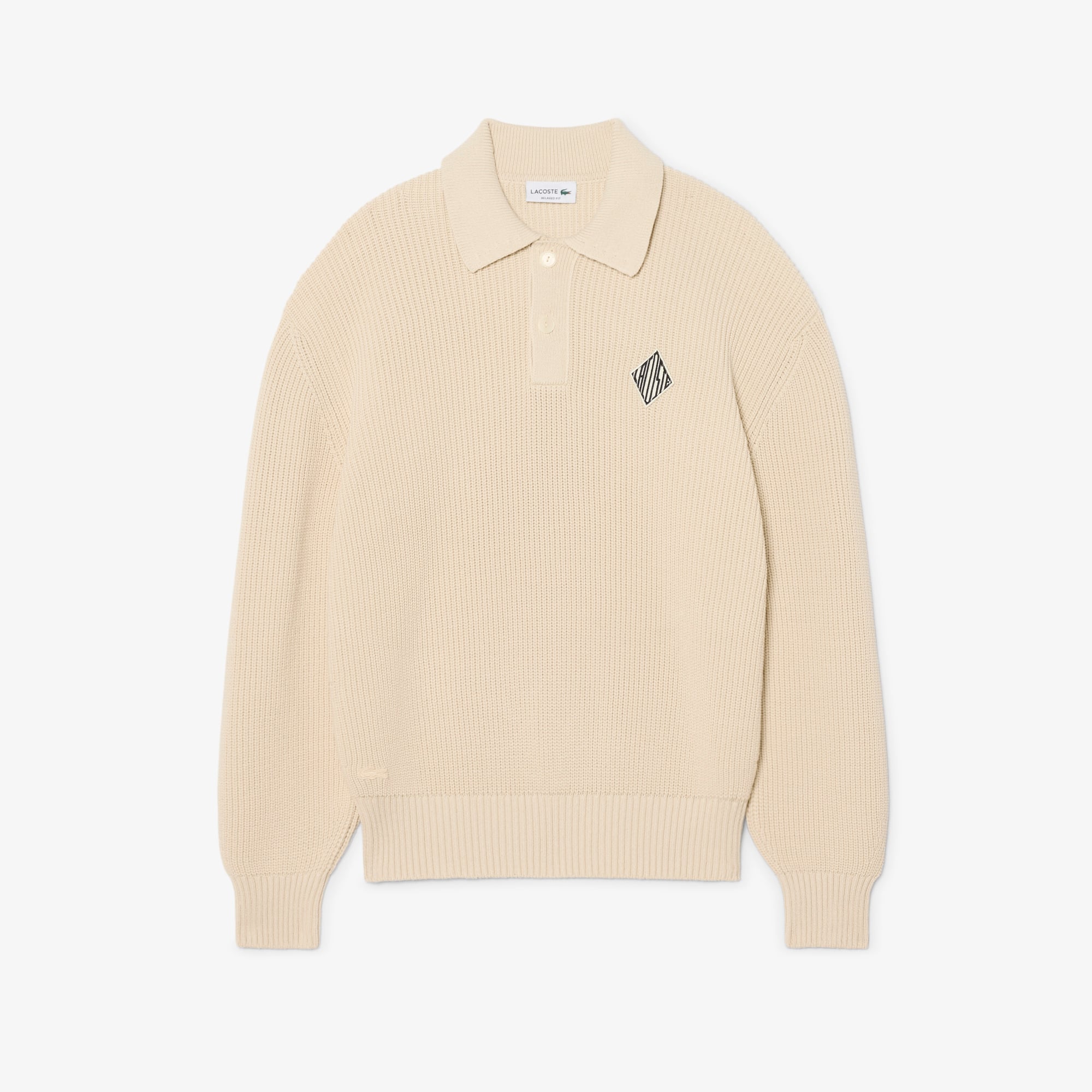 Badge Accent Pearl Rib Polo Collar Sweater - Lemon Beige