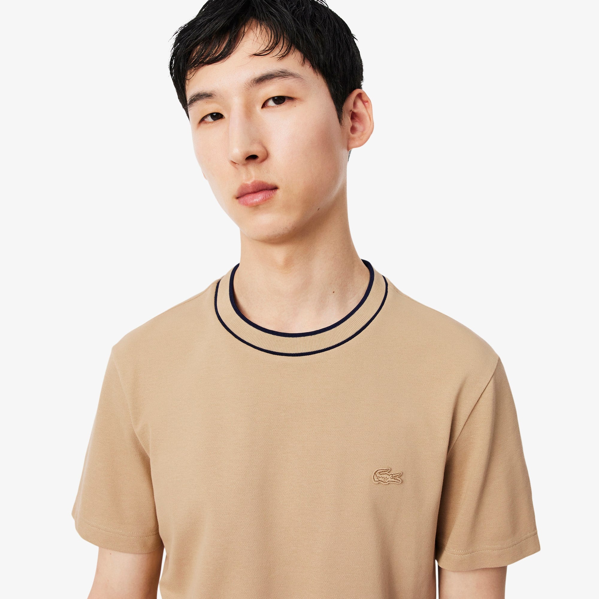 Men's Stretch Piqué Striped Collar T-Shirt - Beige