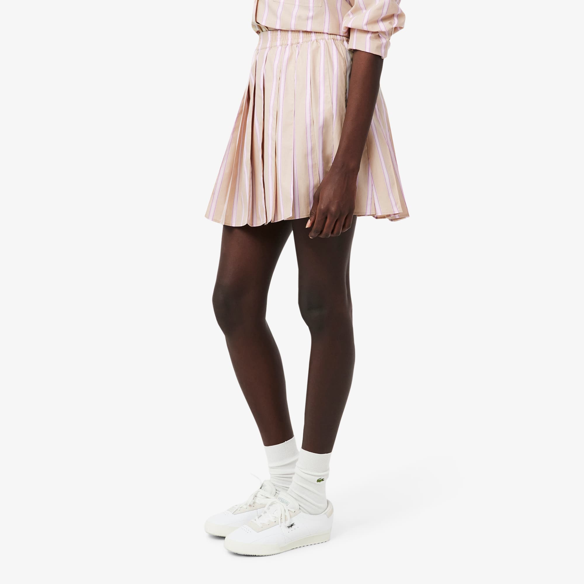 Poplin Short Striped Pleated Skirt - Beige / Rose / Blanc / Bleu Marine
