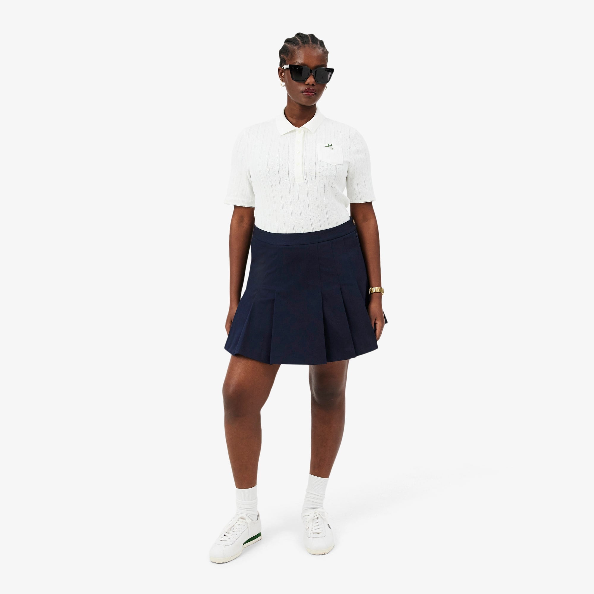 Women's Short Stretch Cotton Pleated Skirt - Navy Blue