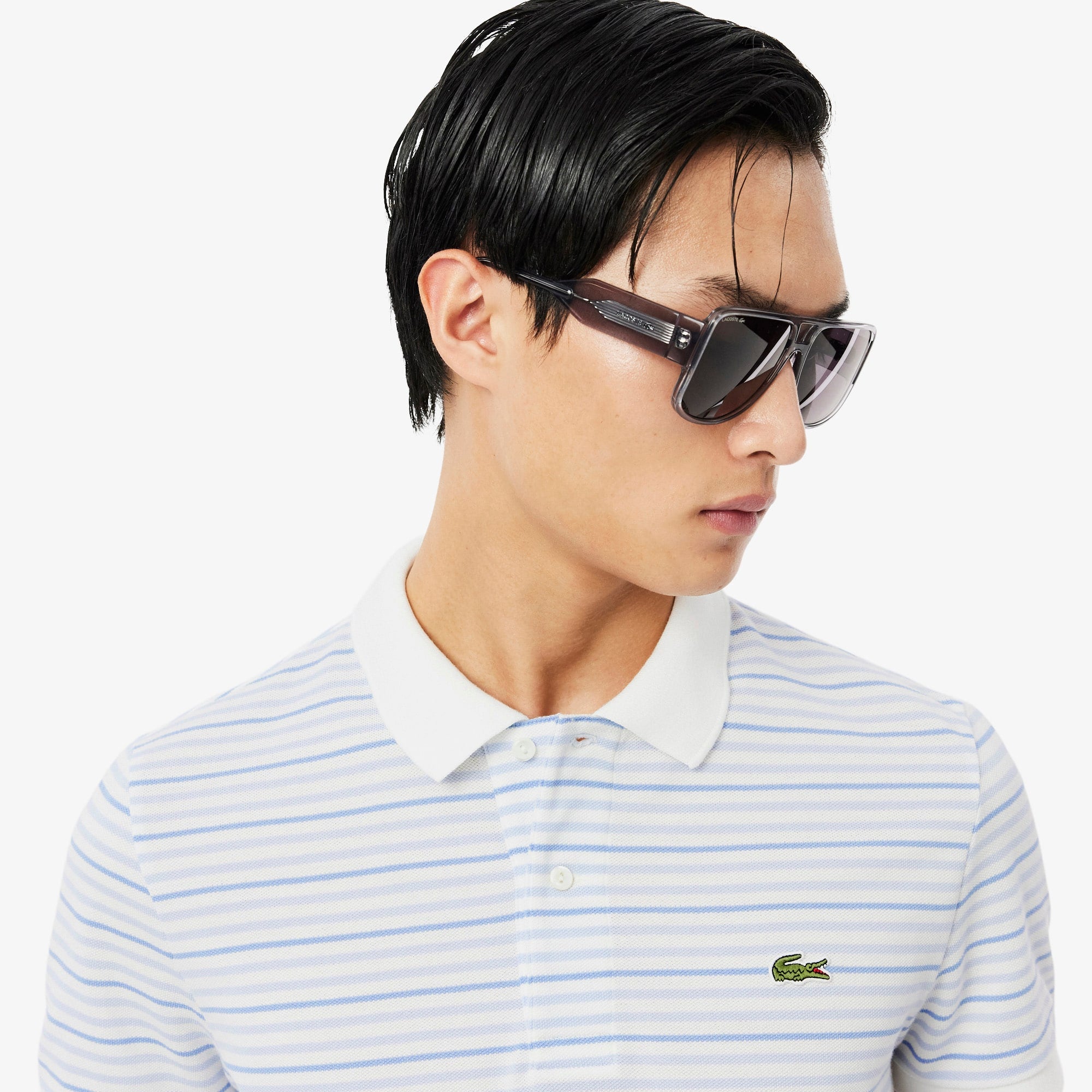 Classic Fit Striped Petit Piqué Polo - Light Blue / White