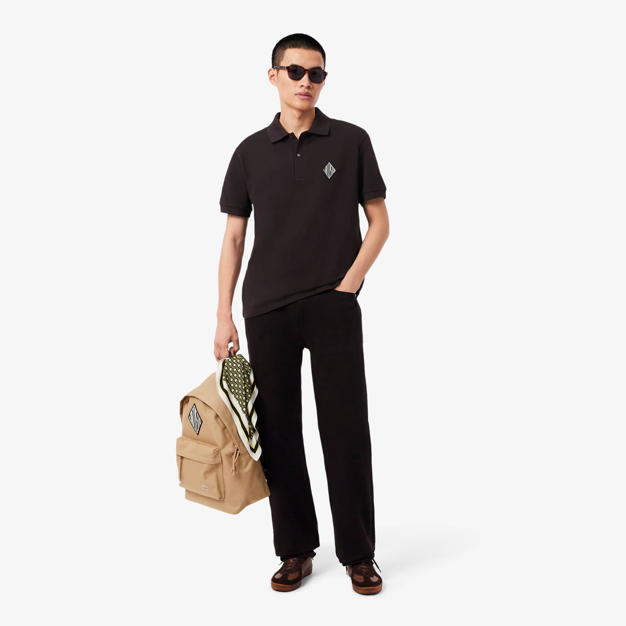 Classic Fit Badge Accent Piqué Polo - Brown