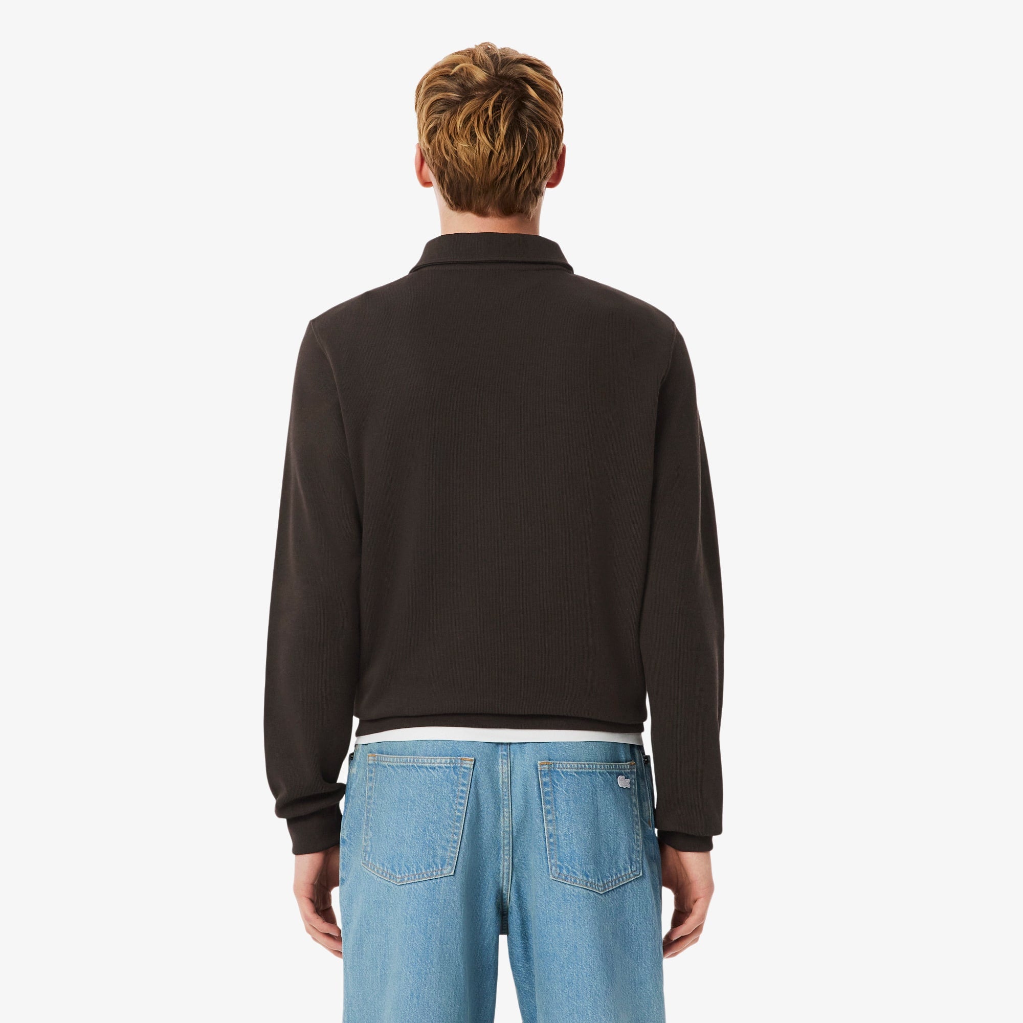 Men's Ribbed Cotton Polo Collar Sweatshirt - Brown