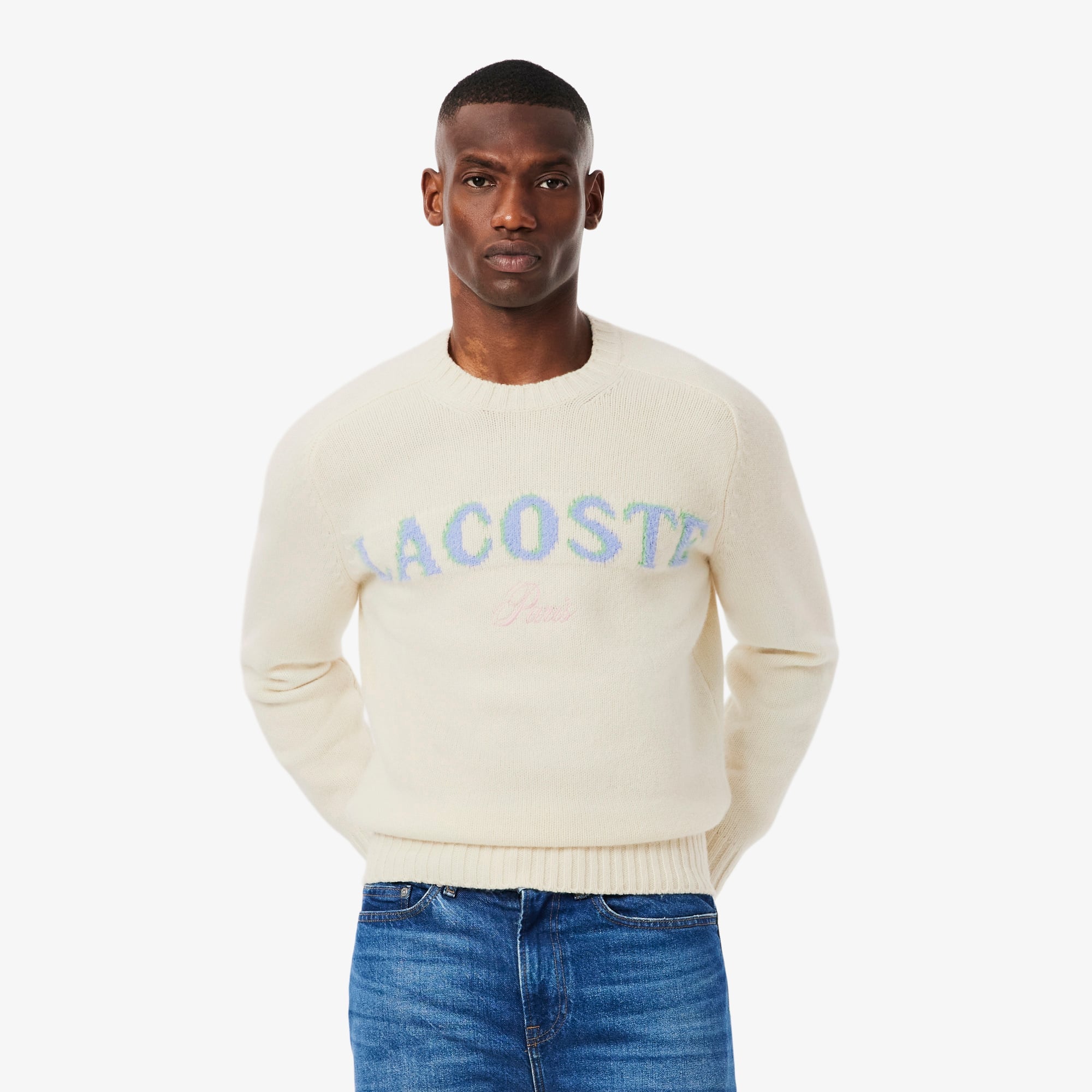 Men's Intarsia Branded Wool Sweater - White / Purple