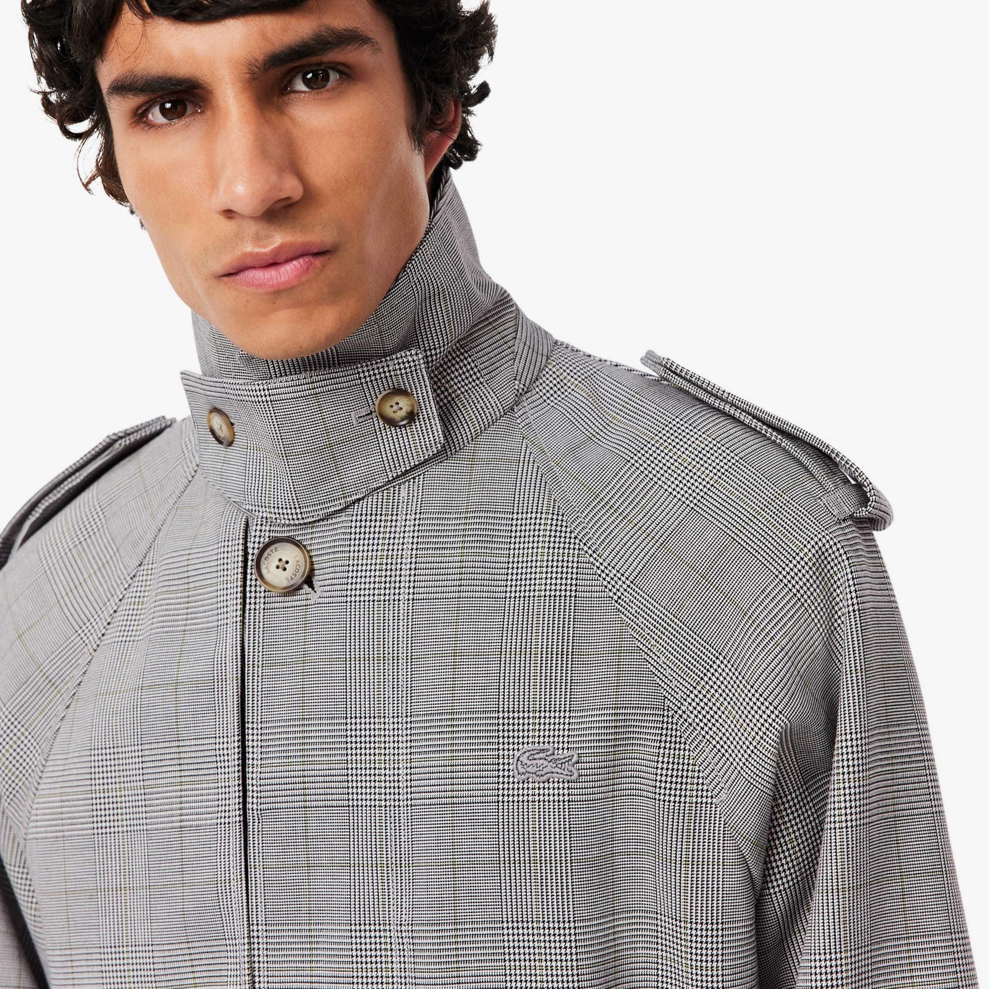 Men's Water-Repellent Plaid Trench Coat - White / Black / Green