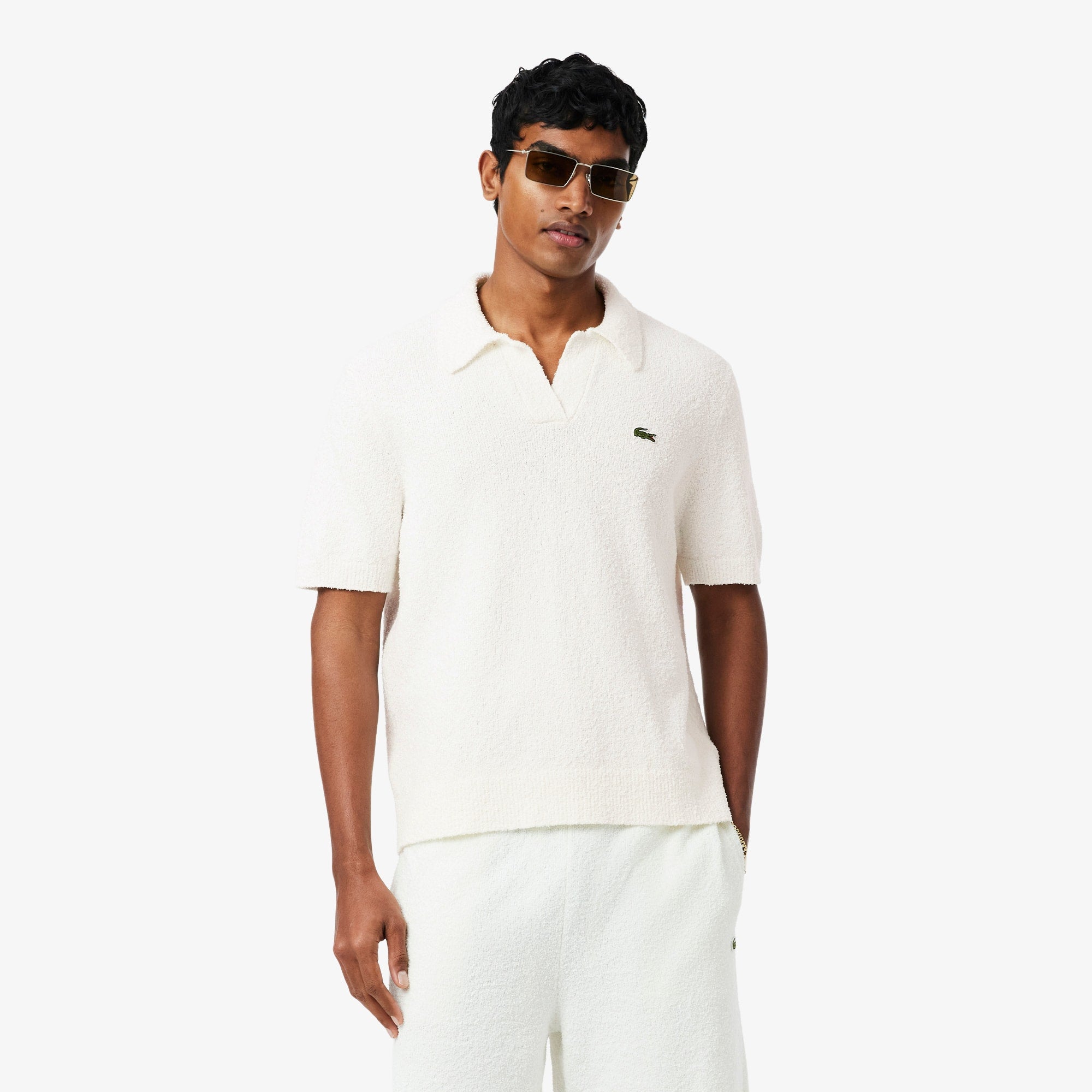 Classic Fit Bouclé Knit Polo - White