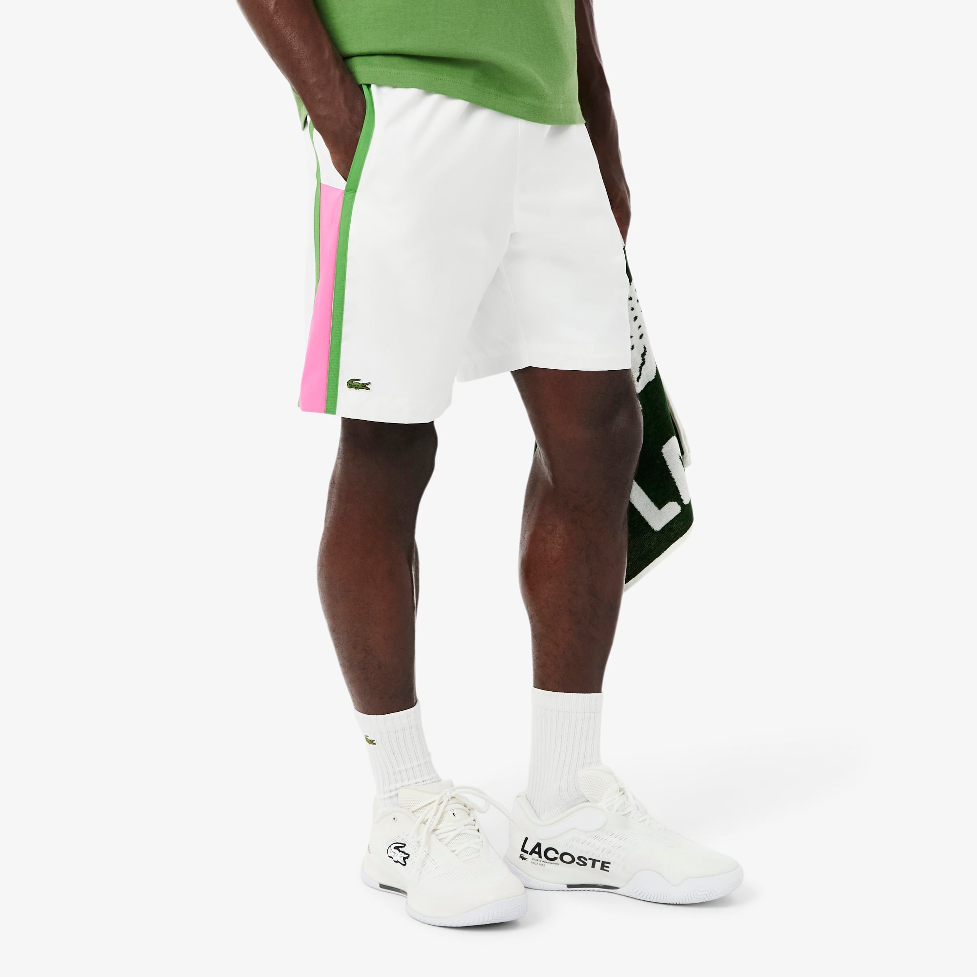 Men's Lightweight Colorblock Stripe Tennis Shorts - Blanc / Rose / Vert
