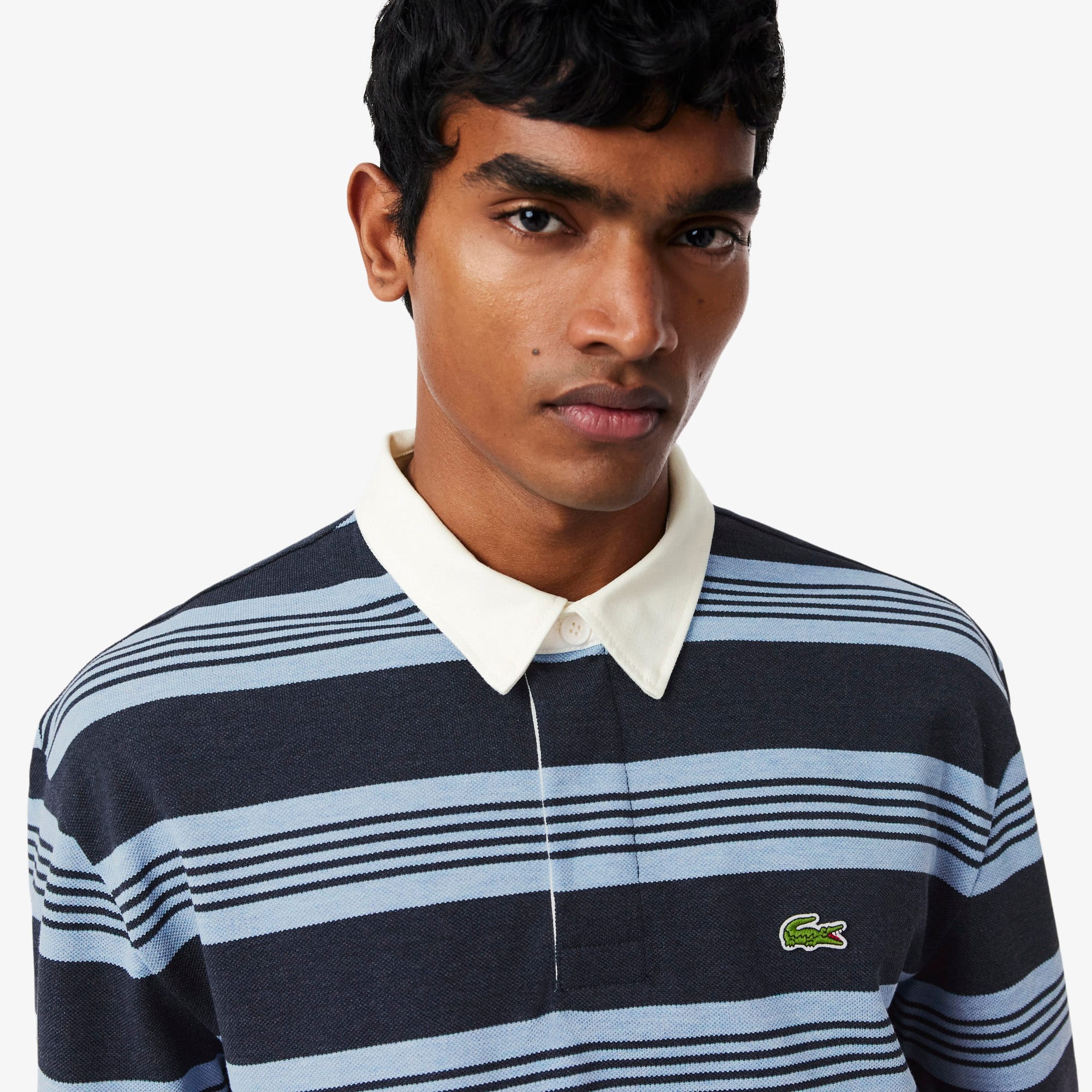 Relaxed Fit Striped Piqué Rugby Polo - Bleu Chine / Gris Chine