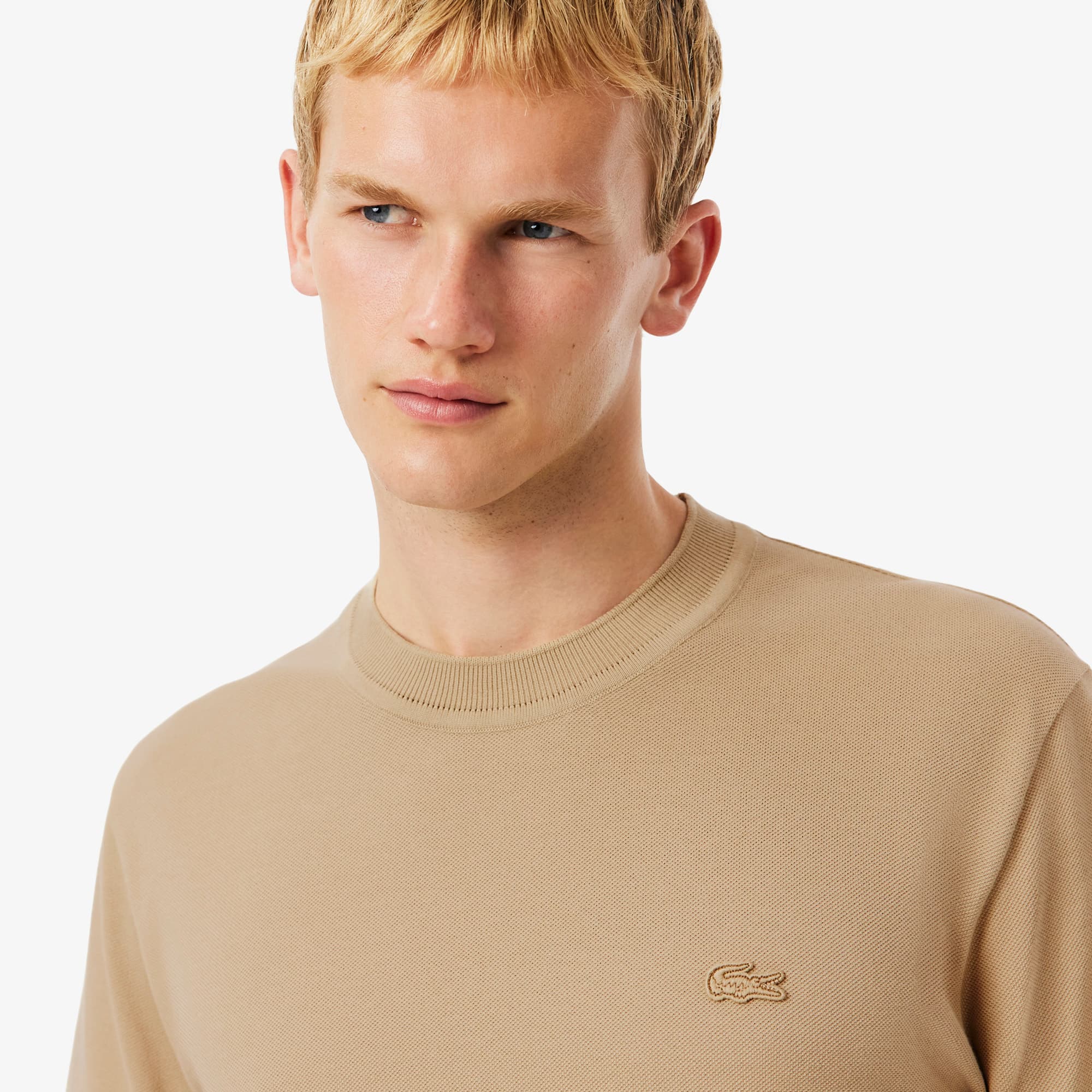 Men's Ribbed Neck Petit Piqué T-Shirt - Beige