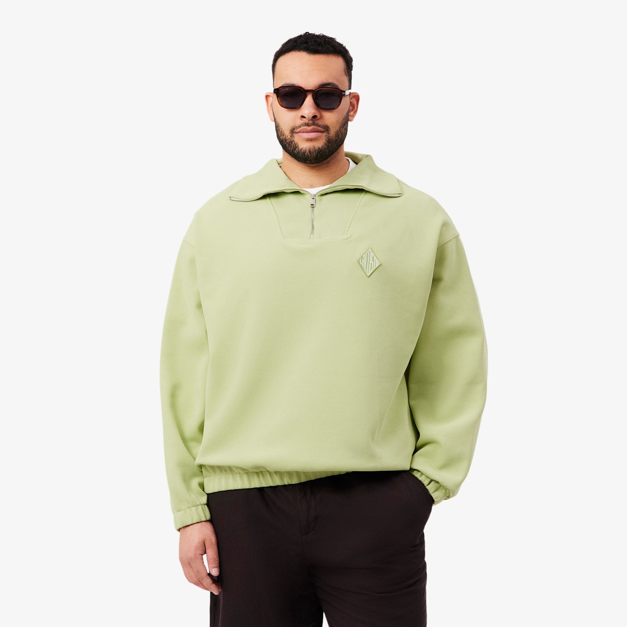 Loose Fit Zipped Neck Piqué Sweatshirt - Green