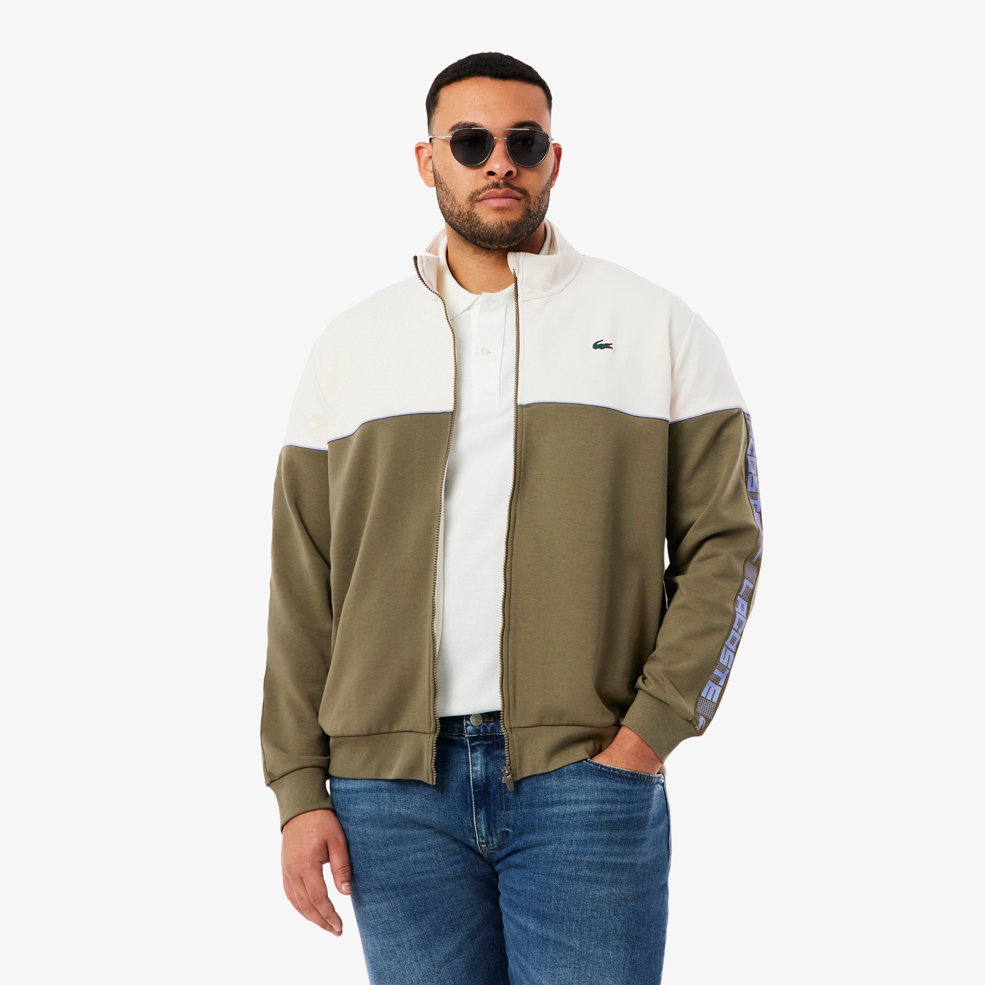 Men's Tennis Zip-Up Colorblock Sweatshirt - Khaki Green / White