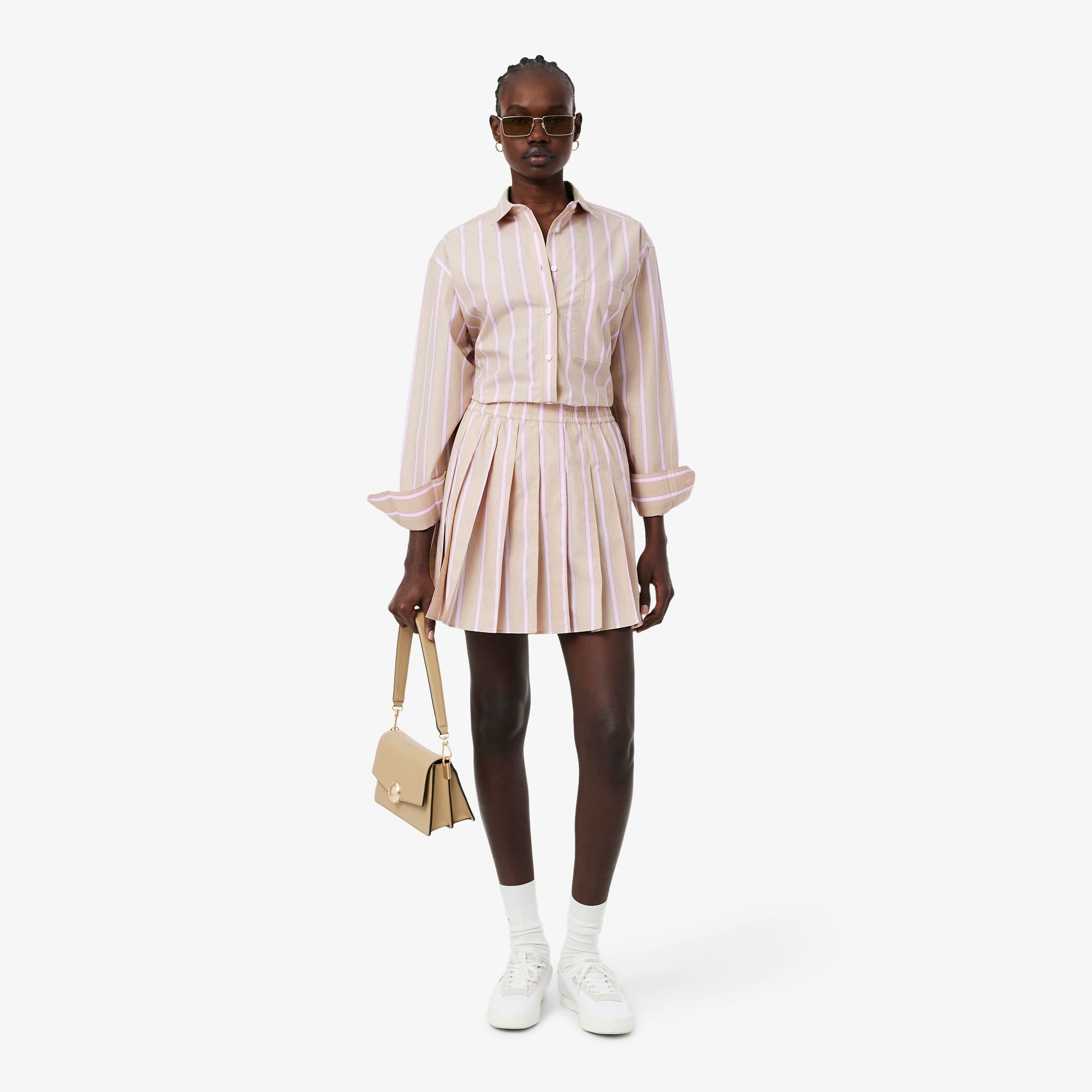 Poplin Short Striped Pleated Skirt - Beige / Rose / Blanc / Bleu Marine