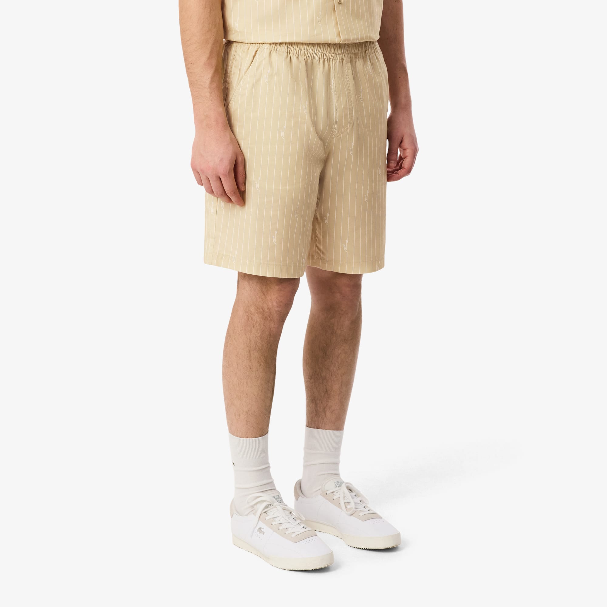 Print Stripe Cotton Shorts - Beige / Blanc