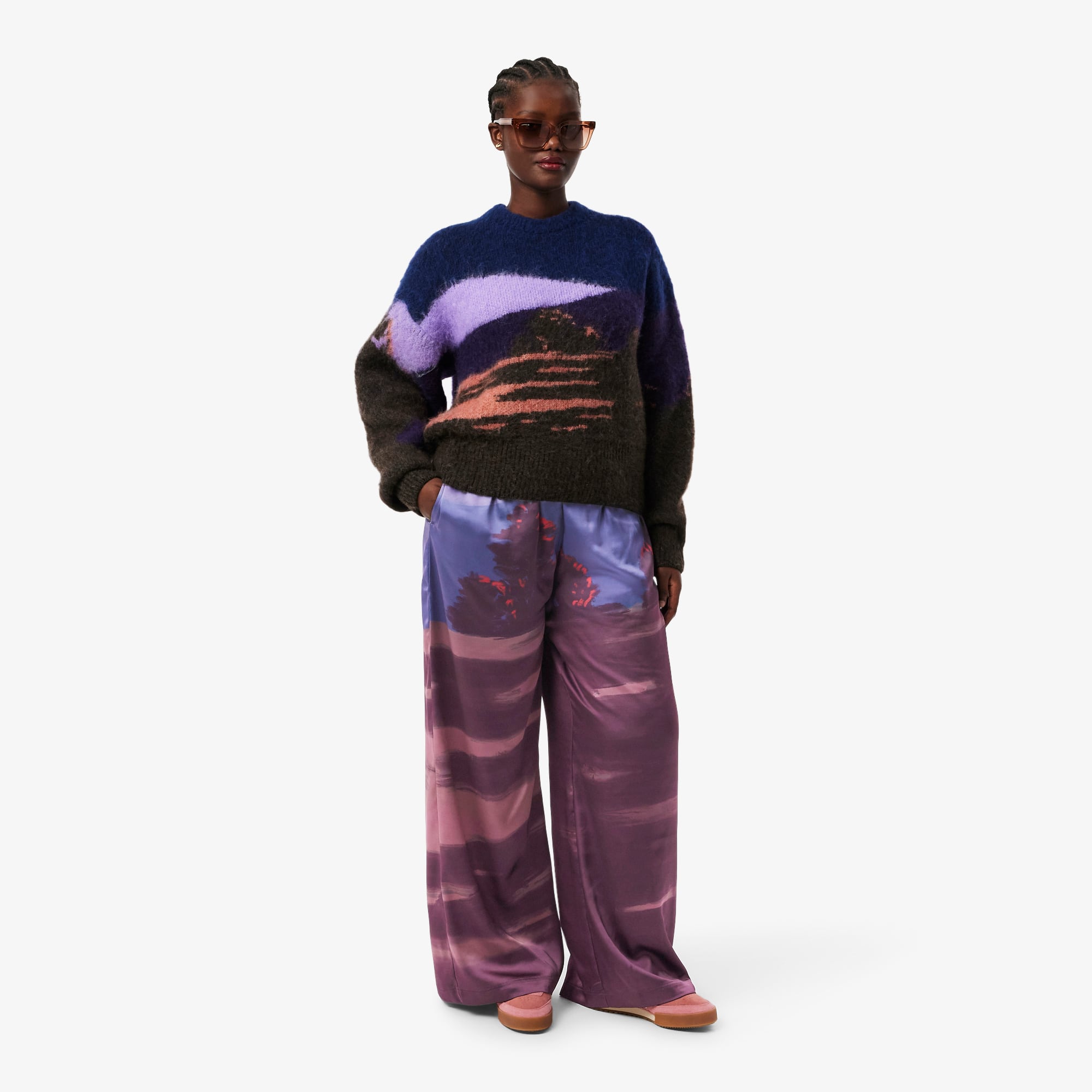 Women's Oversized Landscape Print Pants - Blue / Brown / Purple / Light Pink
