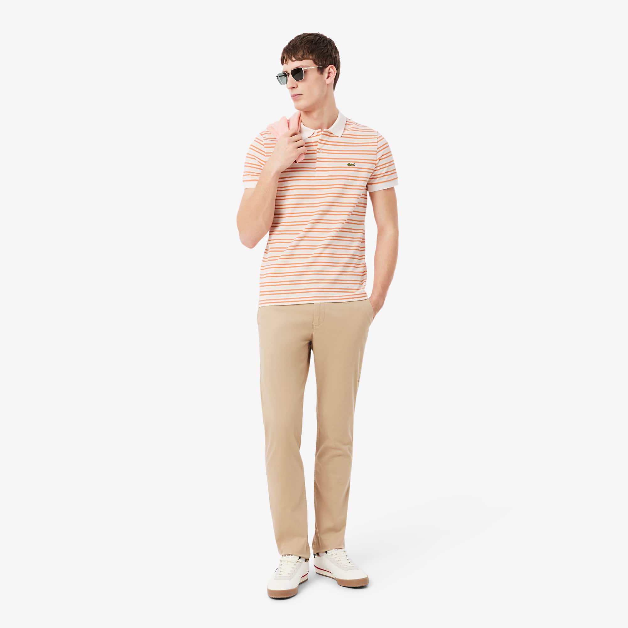 Classic Fit Striped Petit Piqué Polo - Orange / Blanc