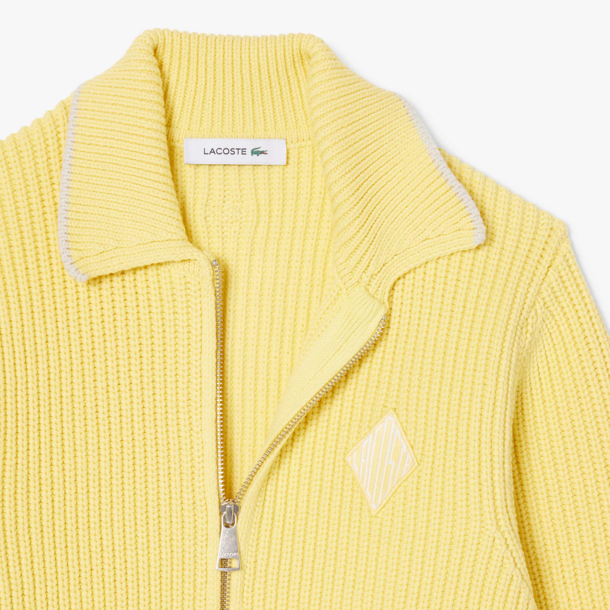 Zipped Cotton Badge Accent Sweater - Pastel yellow