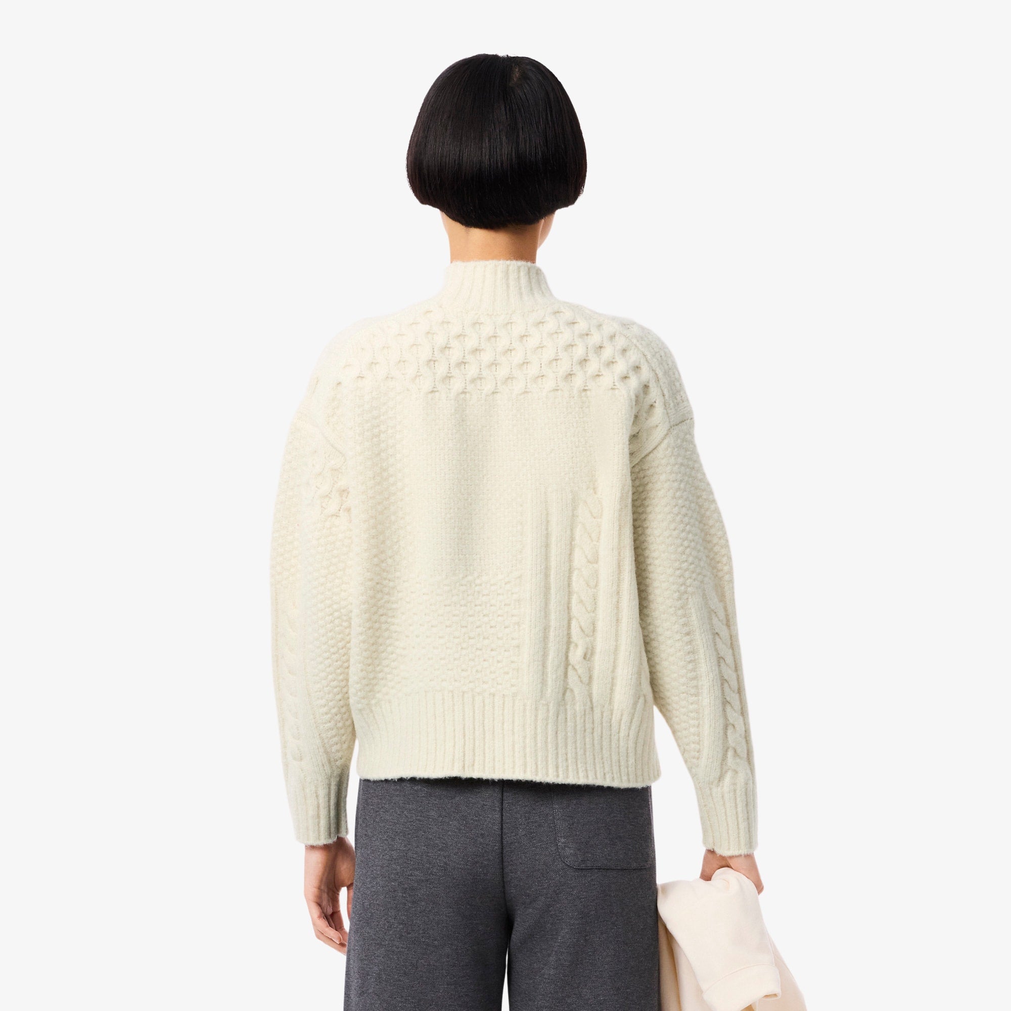 Women's Patchwork Effect High-Neck Wool Sweater - Cream