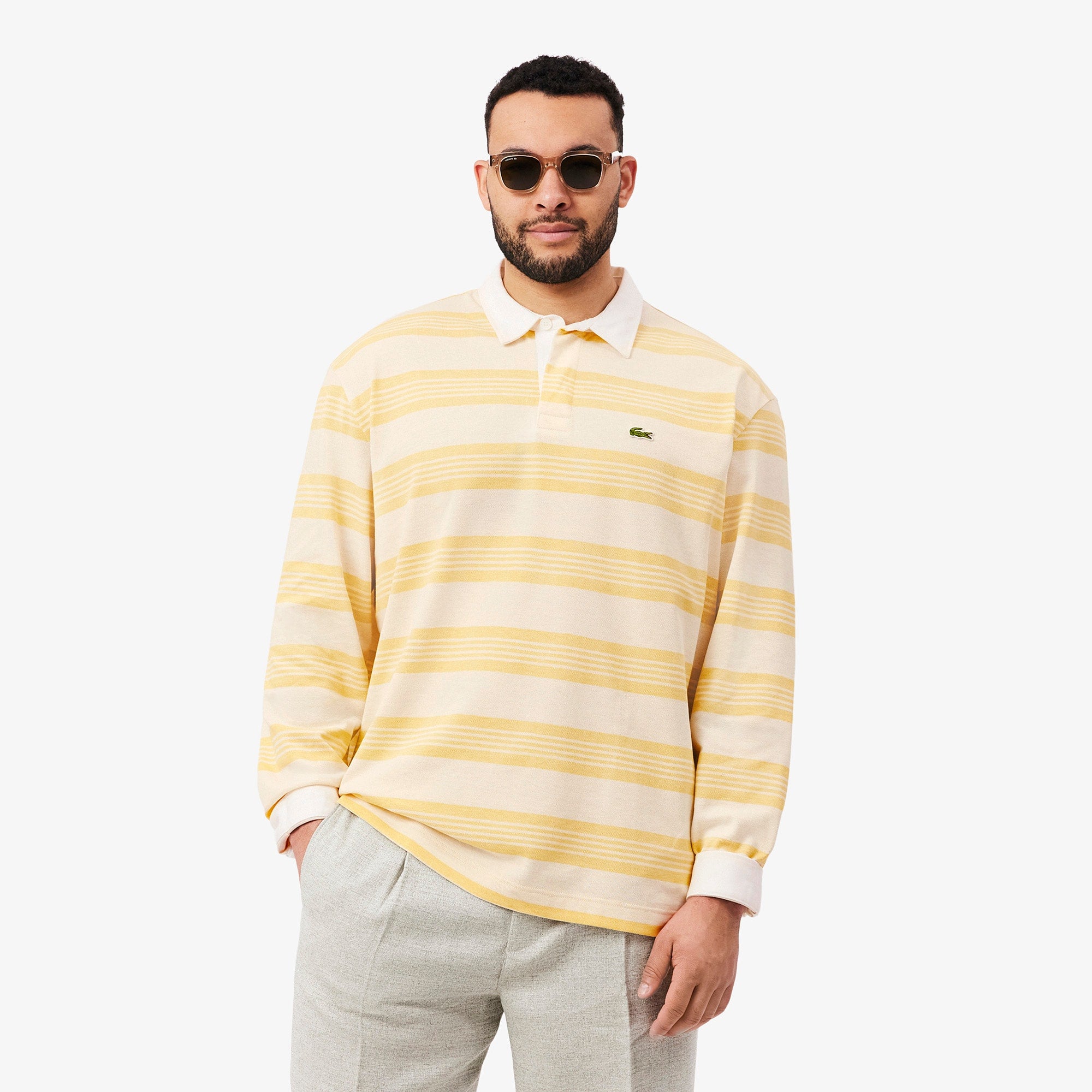 Relaxed Fit Striped Piqué Rugby Polo - Blanc