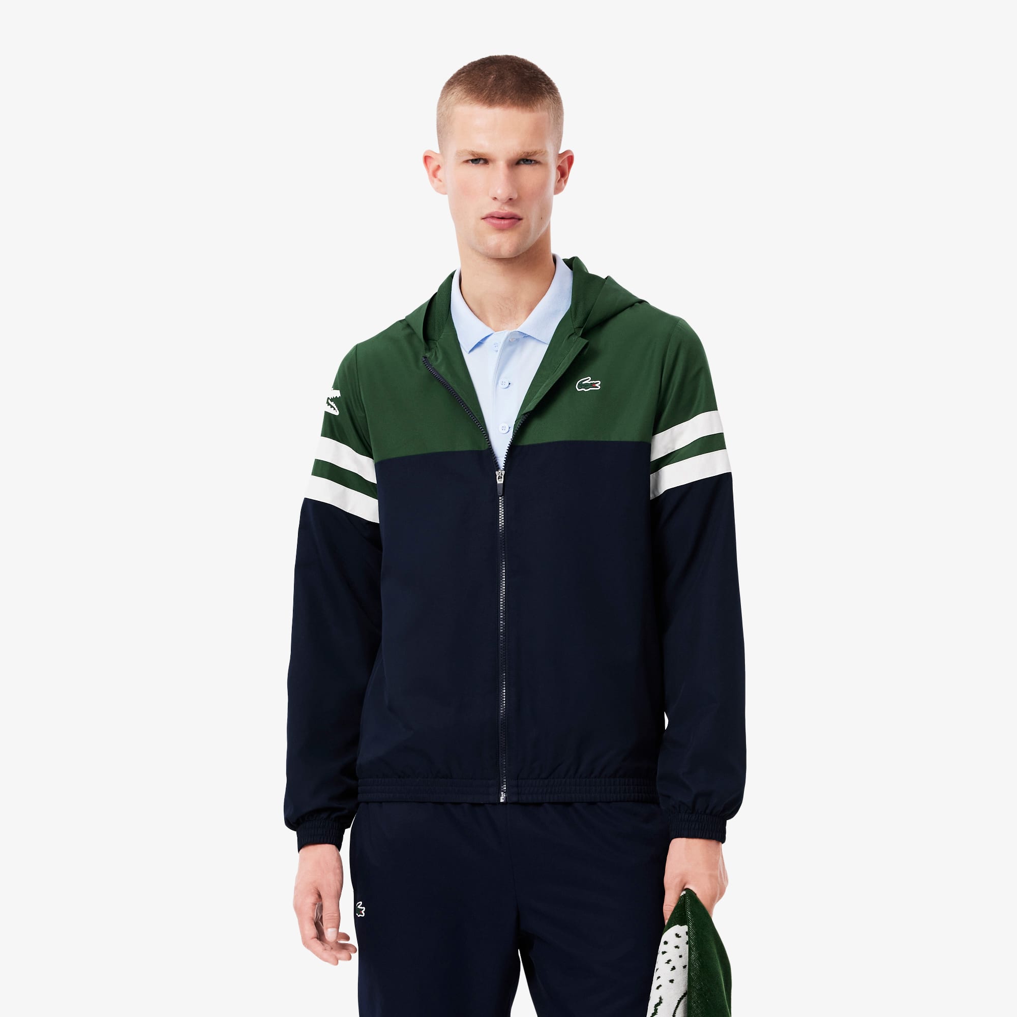 Men's Tennis Water-Repellent Hooded Jacket - Navy Blue / Green / White
