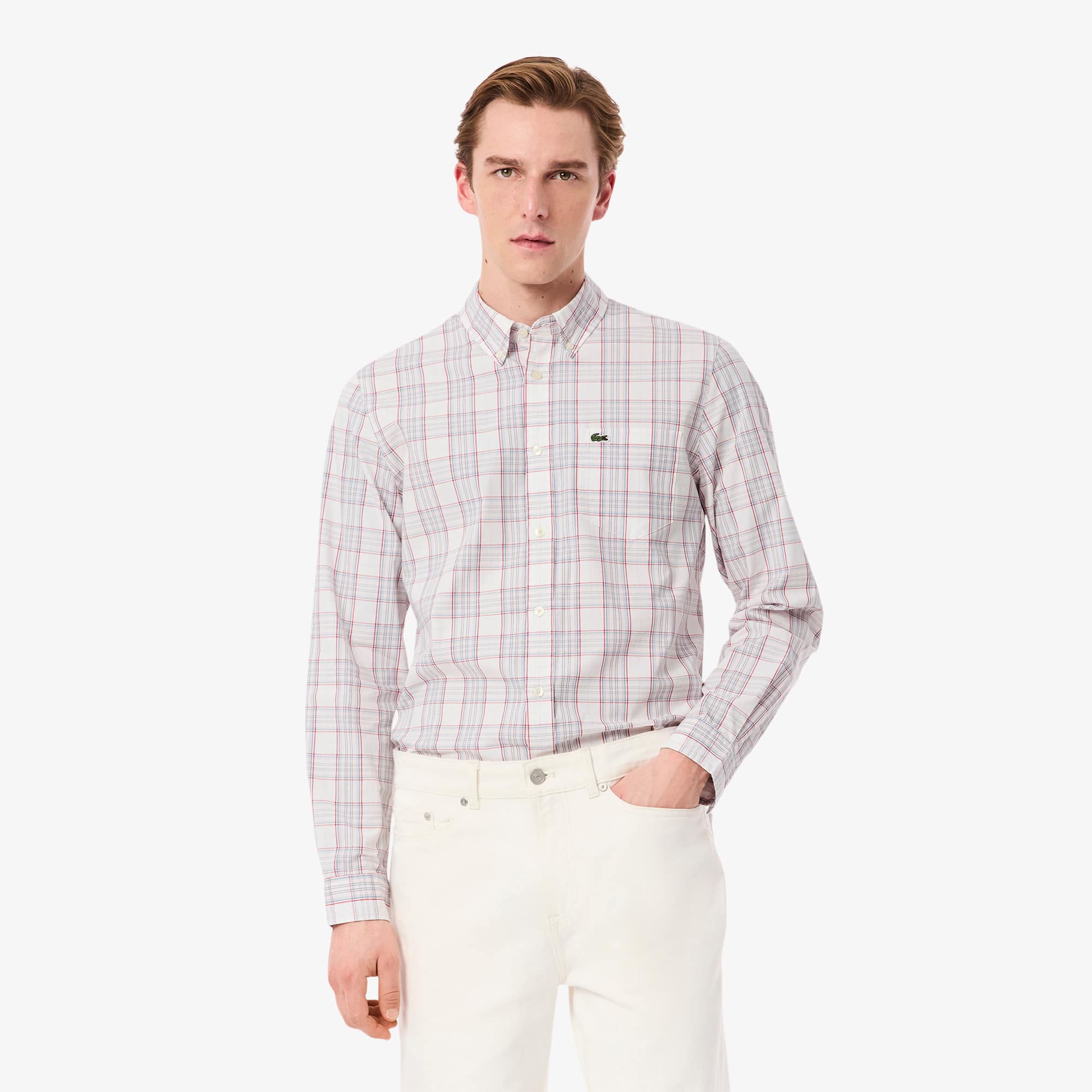 Men's Slim Fit Stretch Plaid Shirt - White / Light Pink / Red / Blue