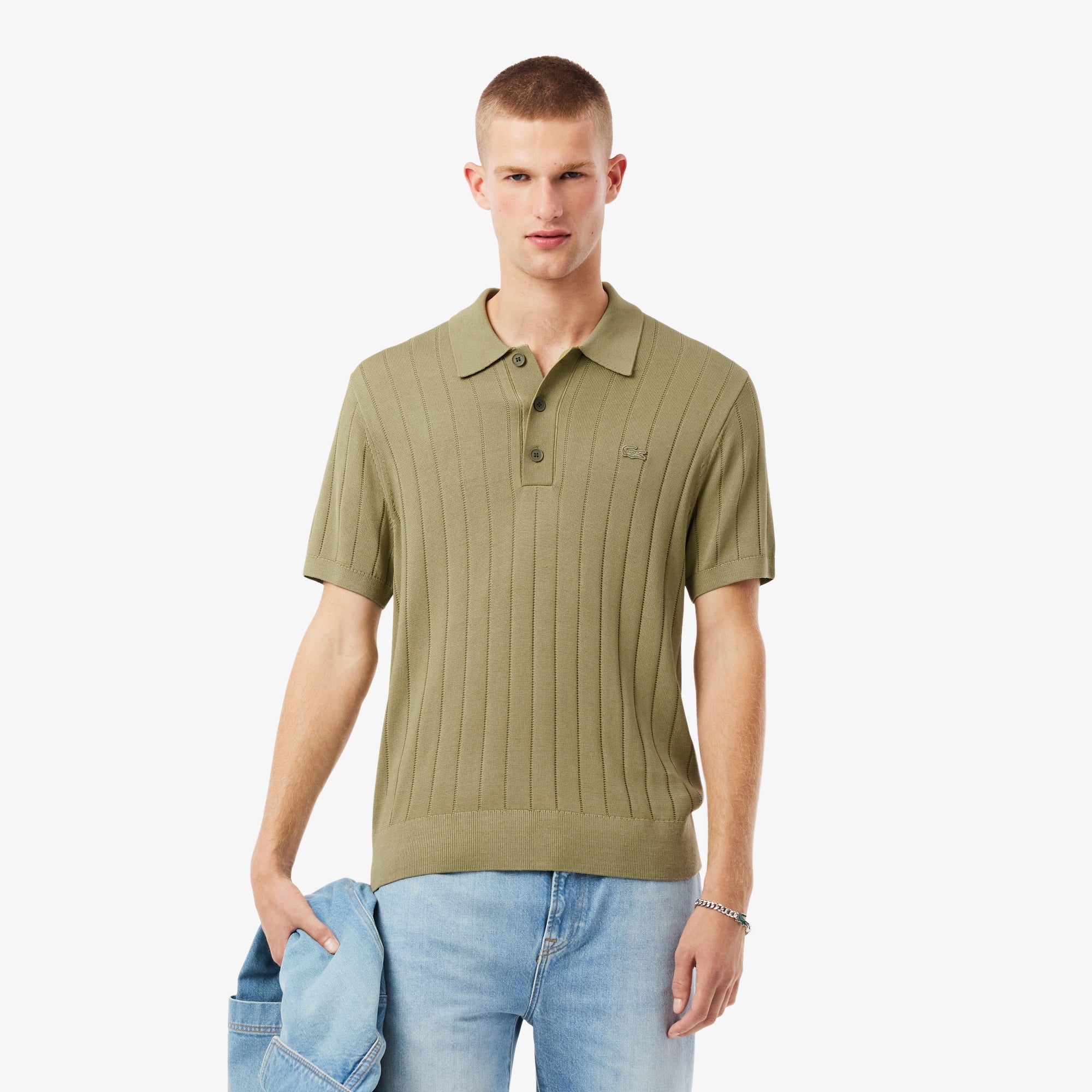 Men's Fluid Ribbed Knit Polo Collar Sweater - Khaki Green