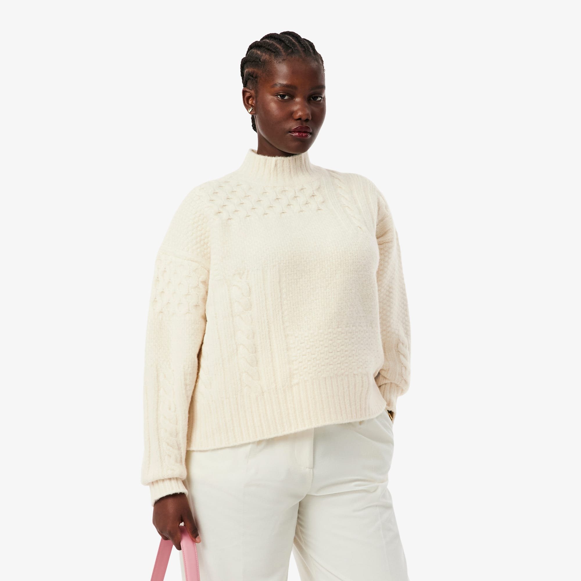 Women's Patchwork Effect High-Neck Wool Sweater - Cream