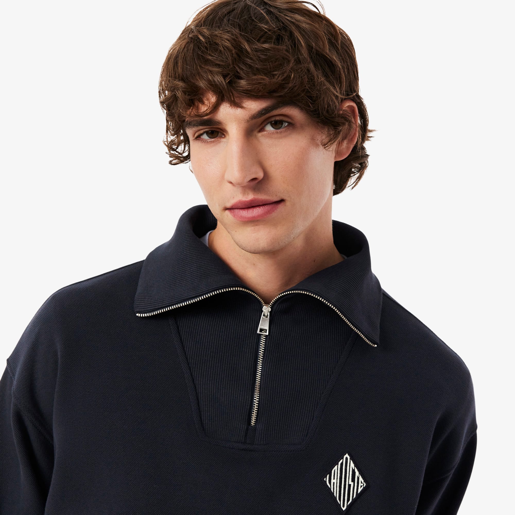 Loose Fit Zipped Neck Piqué Sweatshirt - Black