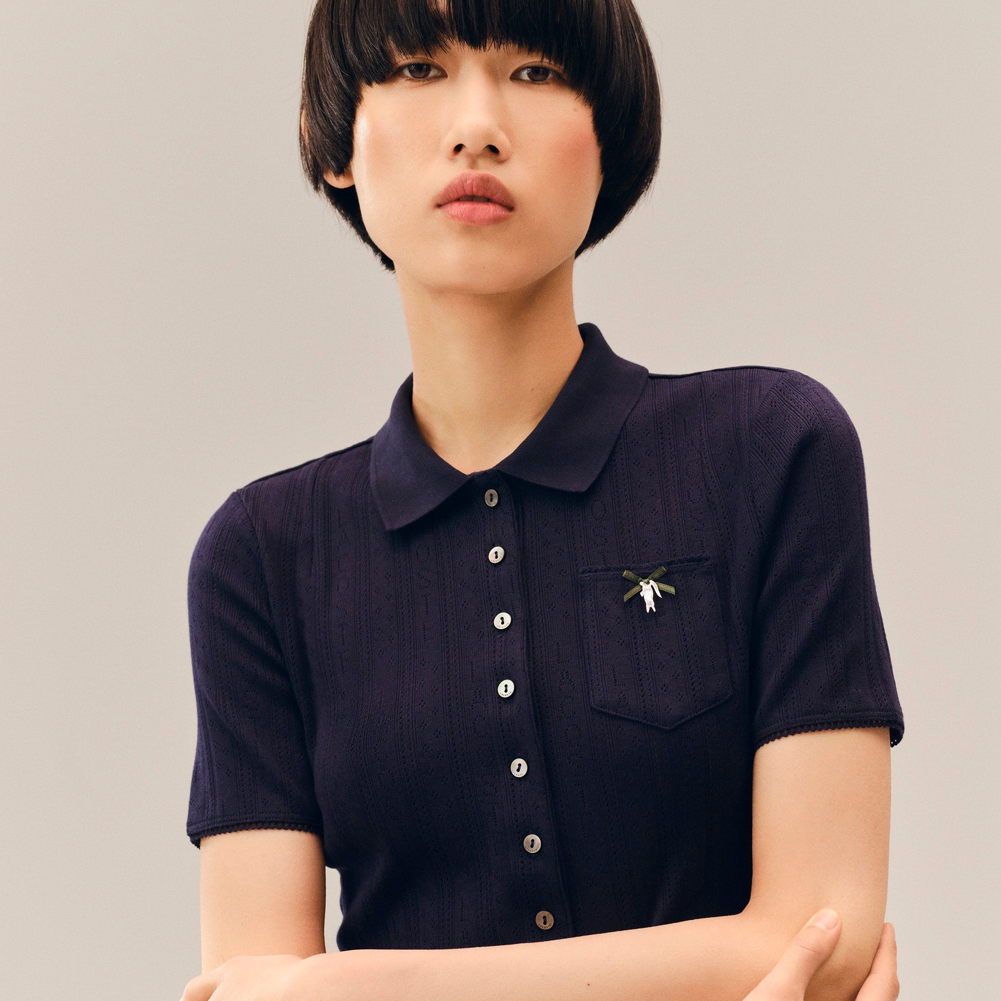 Slim Fit Pointelle Polo Dress - Navy Blue