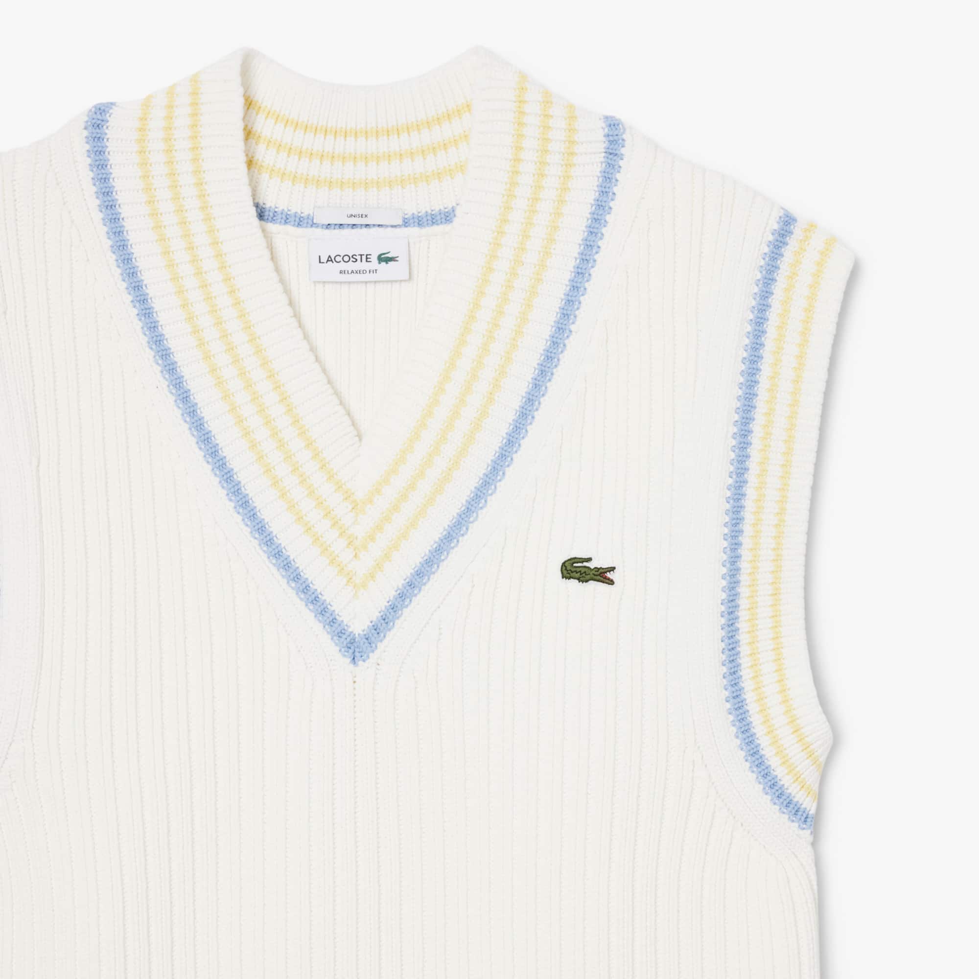 Striped Rib Knit Cotton Sweater Vest - Blanc / Bleu Clair / Jaune