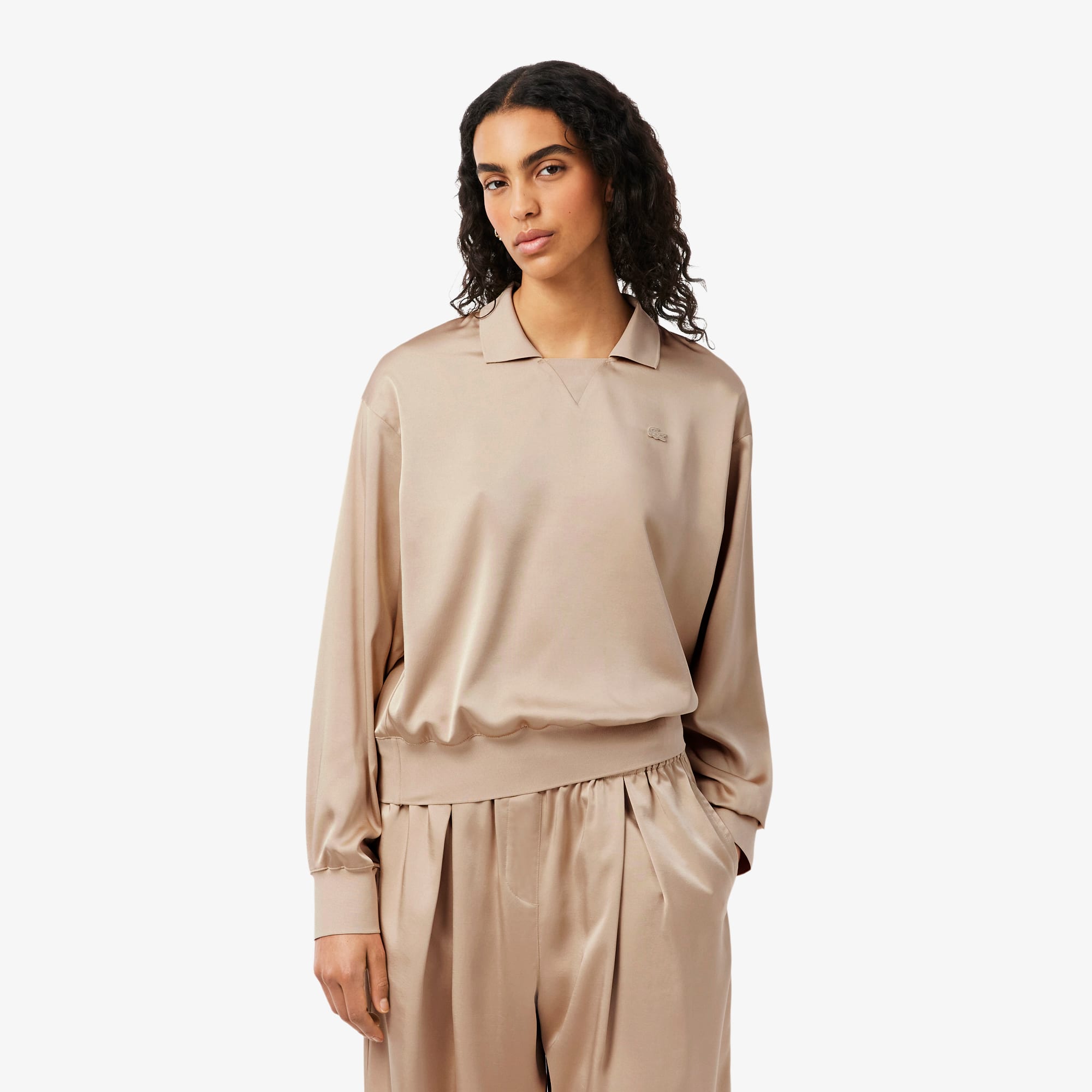 Relaxed Fit Satin Polo - Beige