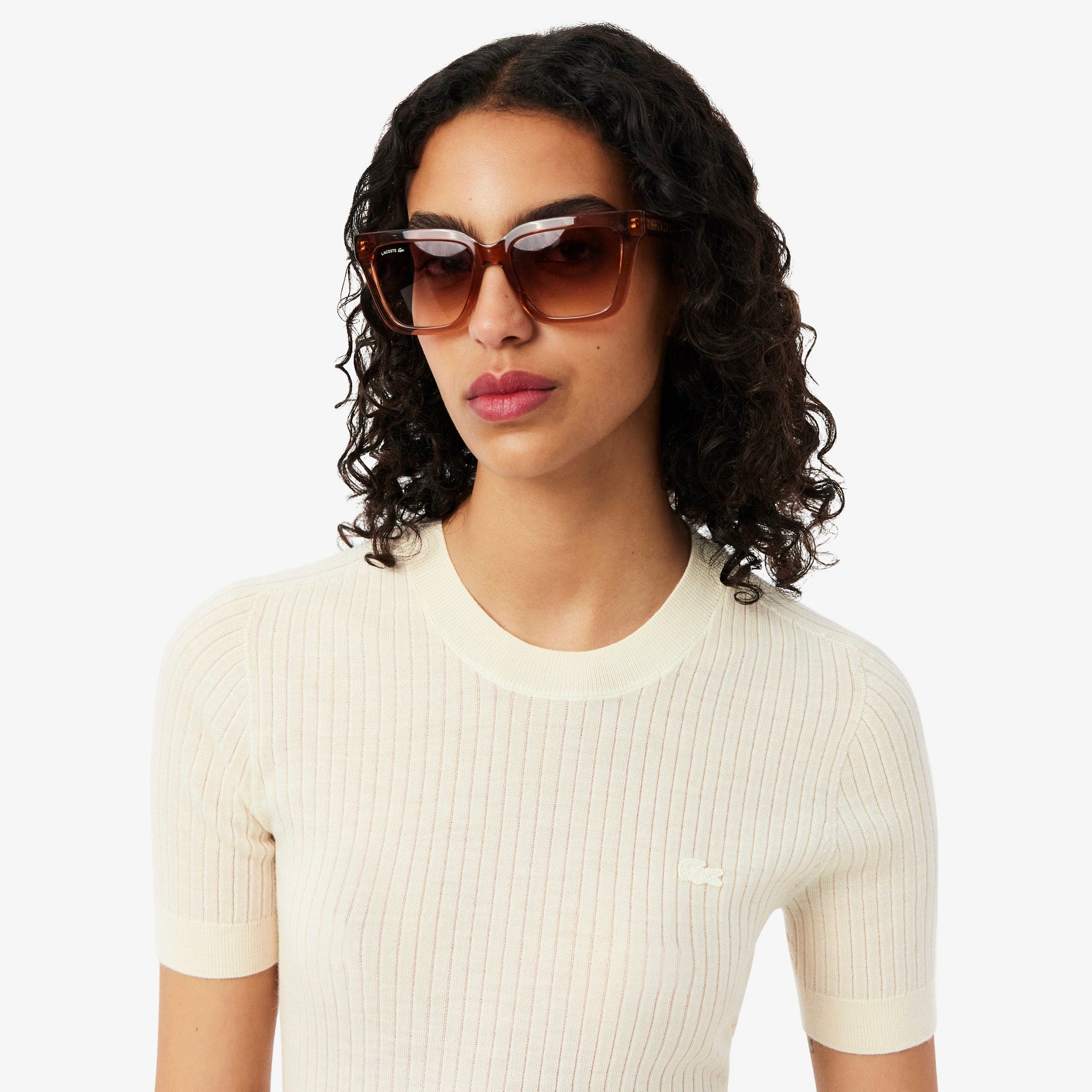 Women's Short Sleeve Merino Wool Rib Knit Sweater - White