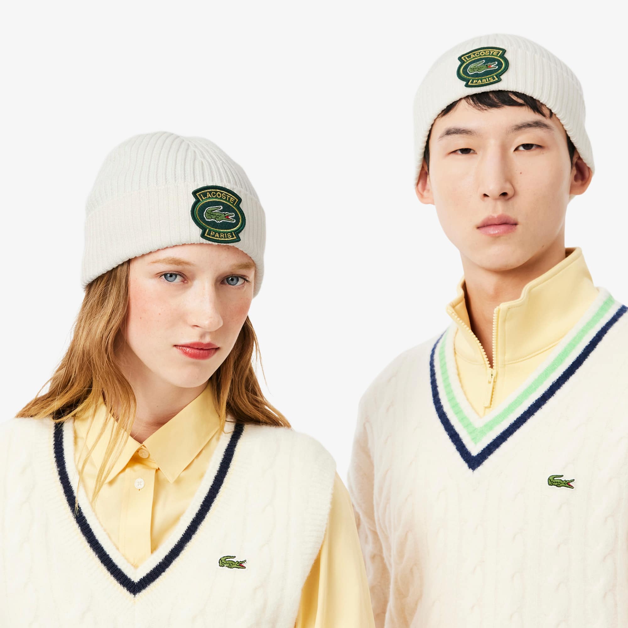 Unisex Ribbed Wool Badge Beanie - White