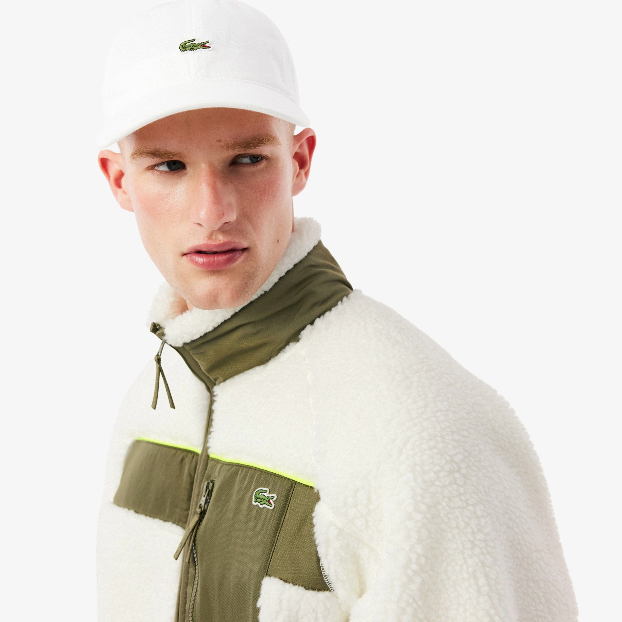 Men's Colorblock Sherpa Fleece Jacket - White / Khaki Green