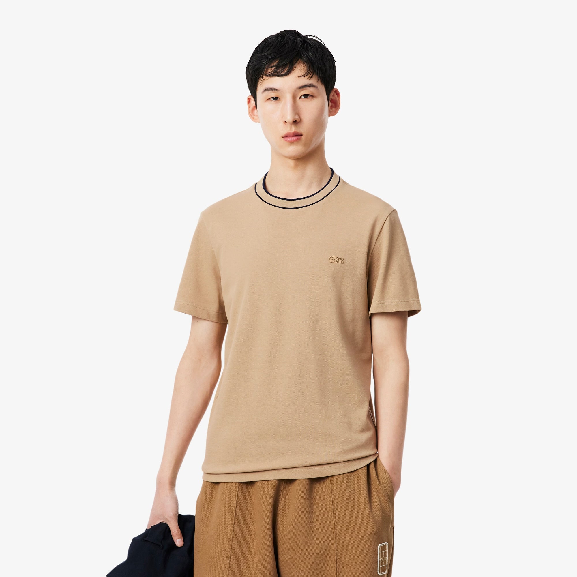 Men's Stretch Piqué Striped Collar T-Shirt - Beige