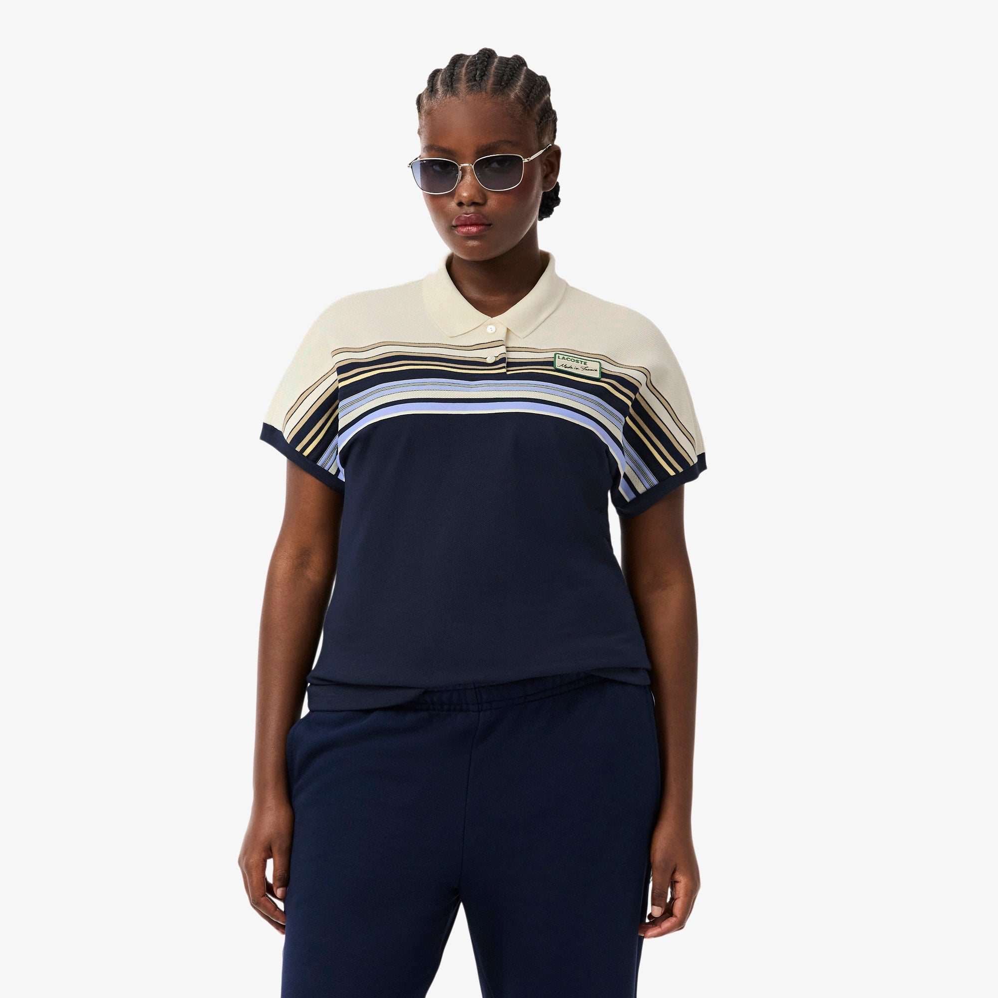 Women's Made In France Slim Fit Striped Polo - Navy Blue / White