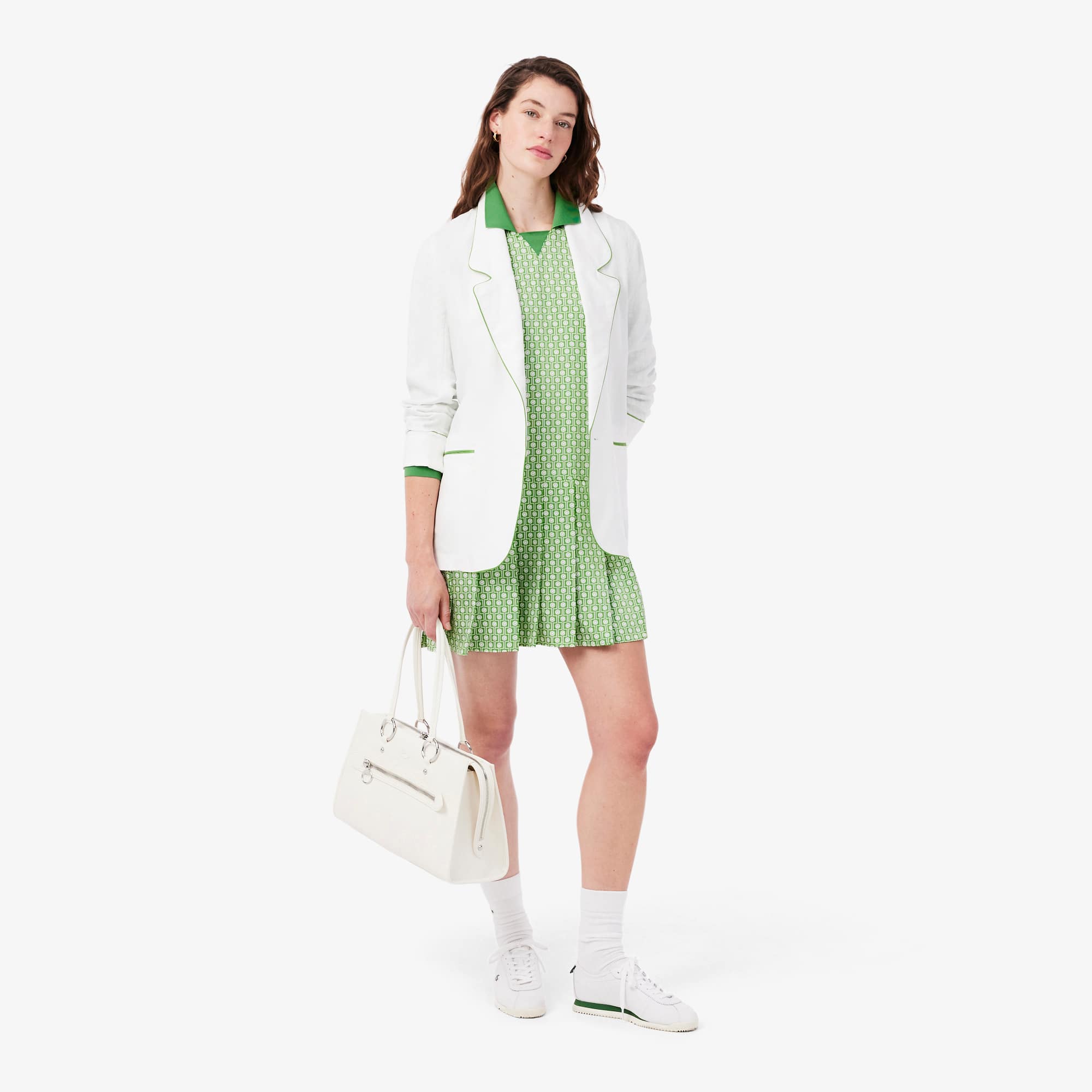 Pleated Satin Polo Dress - Vert / Blanc