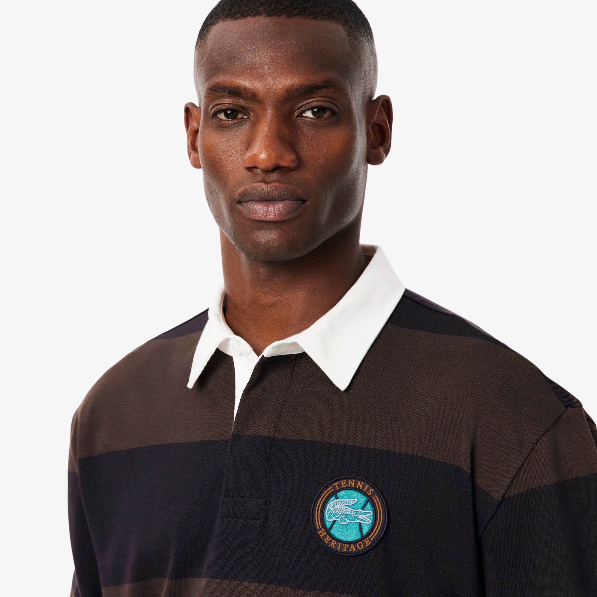 Men's Relaxed Fit Striped Rugby Polo - Navy Blue / Brown