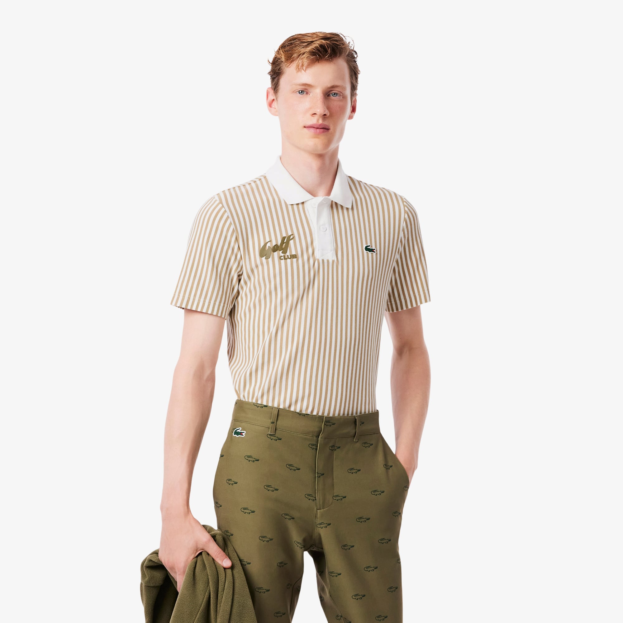 Men's Thermo-Regulating Striped Golf Polo - Beige / White