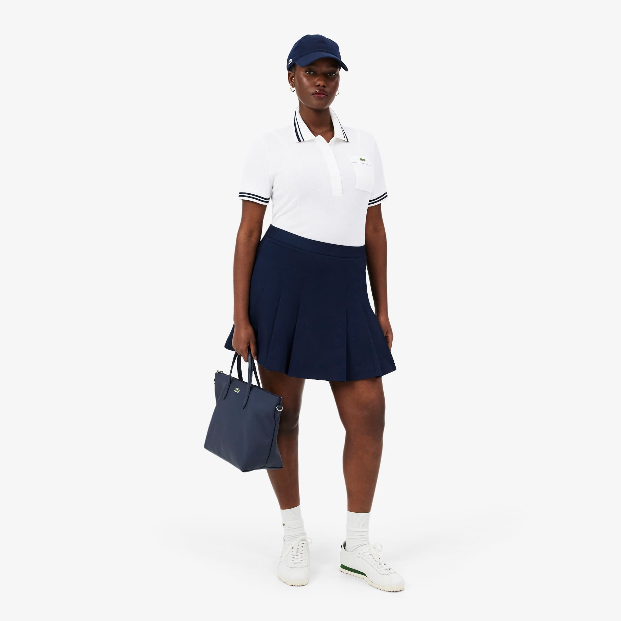 Slim Fit French Made Ribbed Polo - White / Navy Blue
