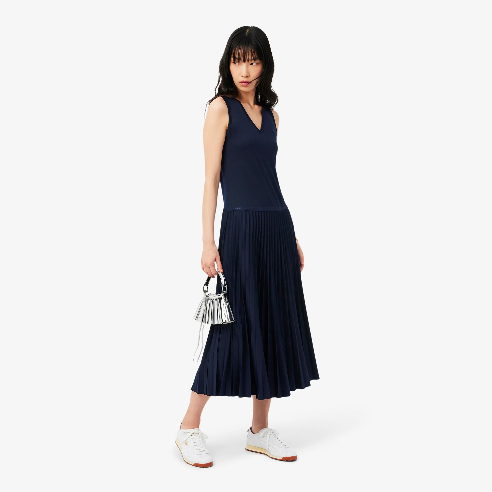 Long Sleeveless Pleated Dress - Navy Blue