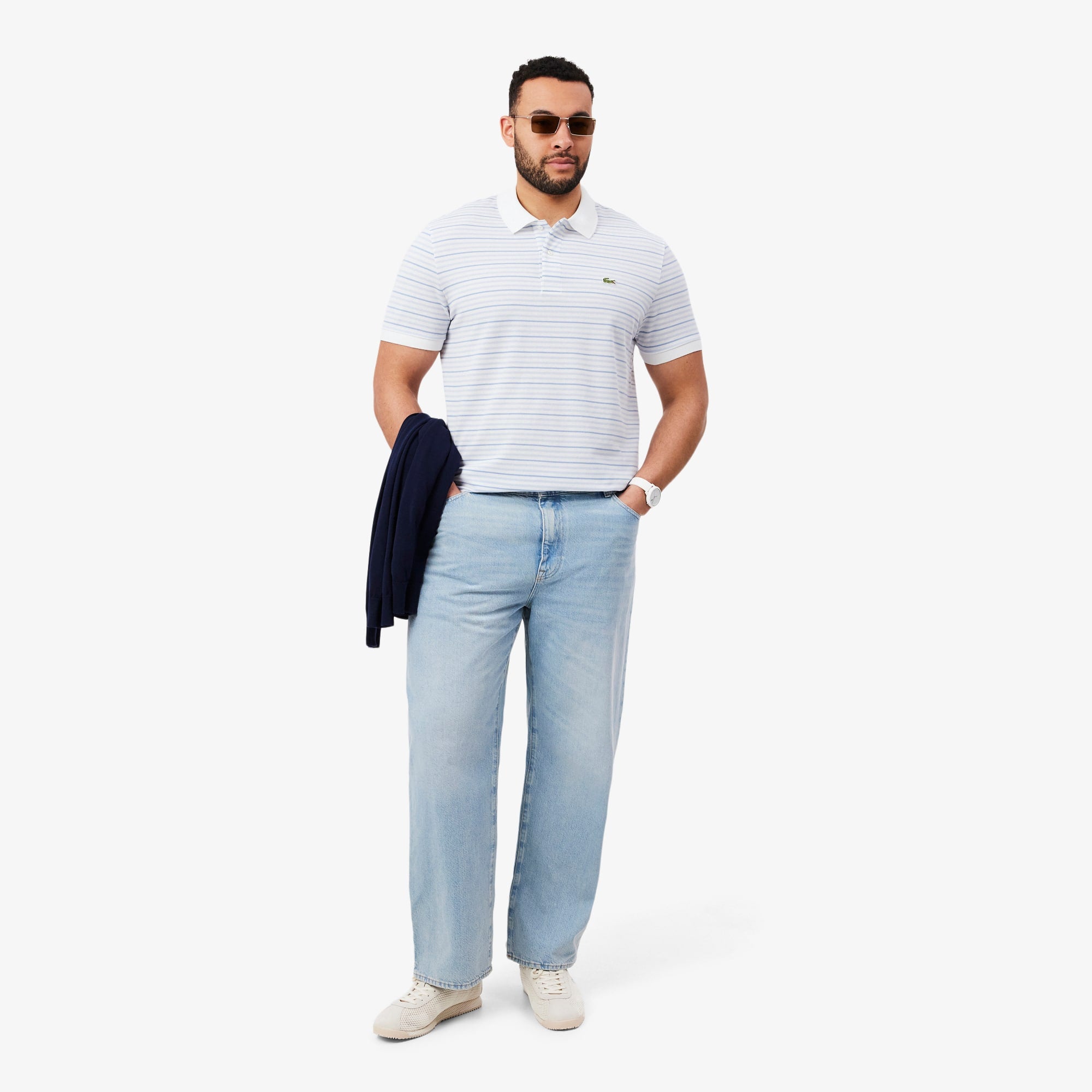 Classic Fit Striped Petit Piqué Polo - Light Blue / White