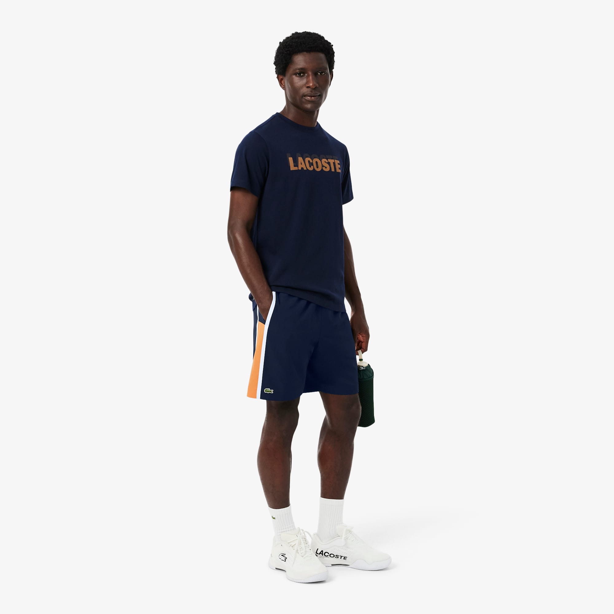 Men's Lightweight Colorblock Stripe Tennis Shorts - Navy Blue / Orange / White