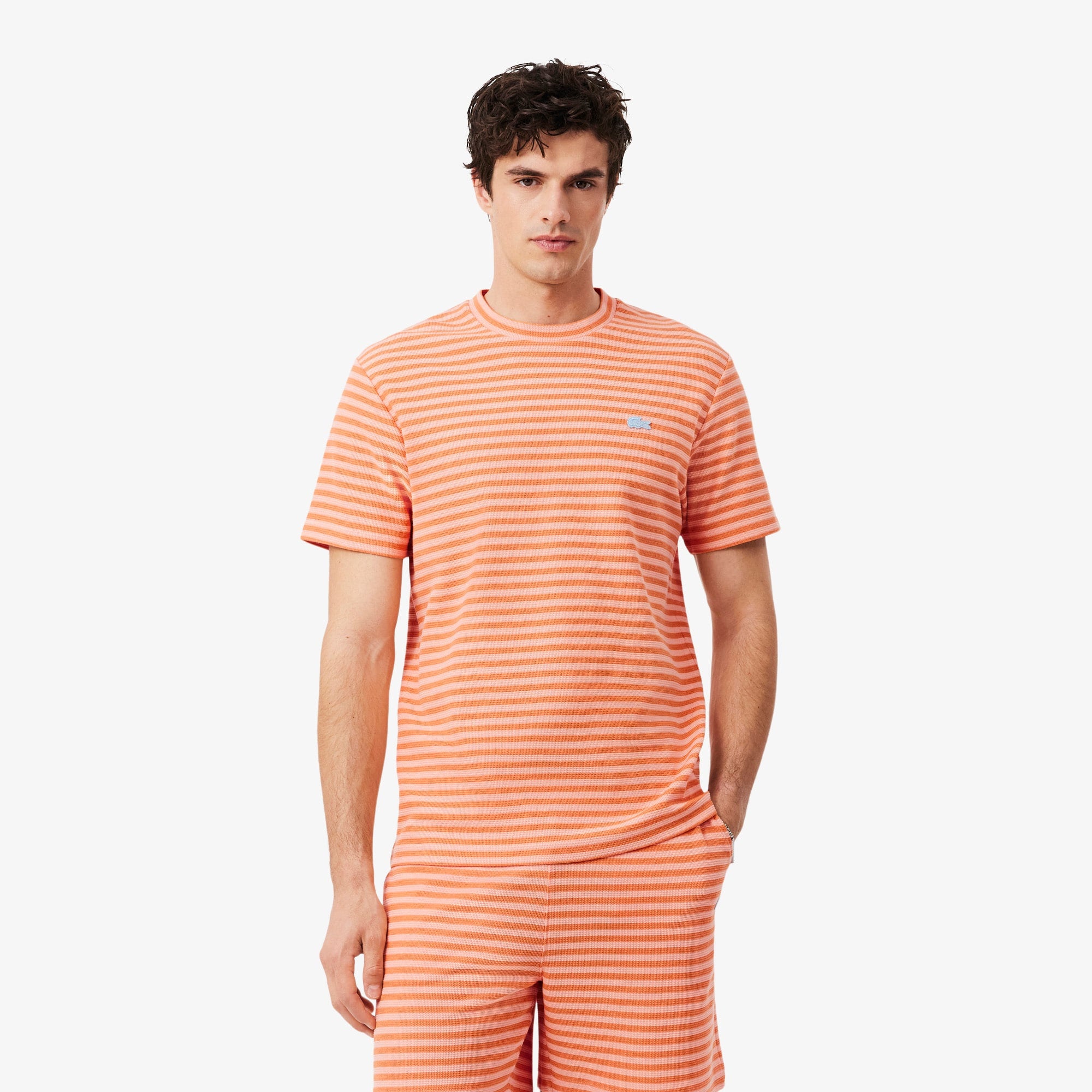 Textured Striped Cotton T-Shirt - Rose / Orange