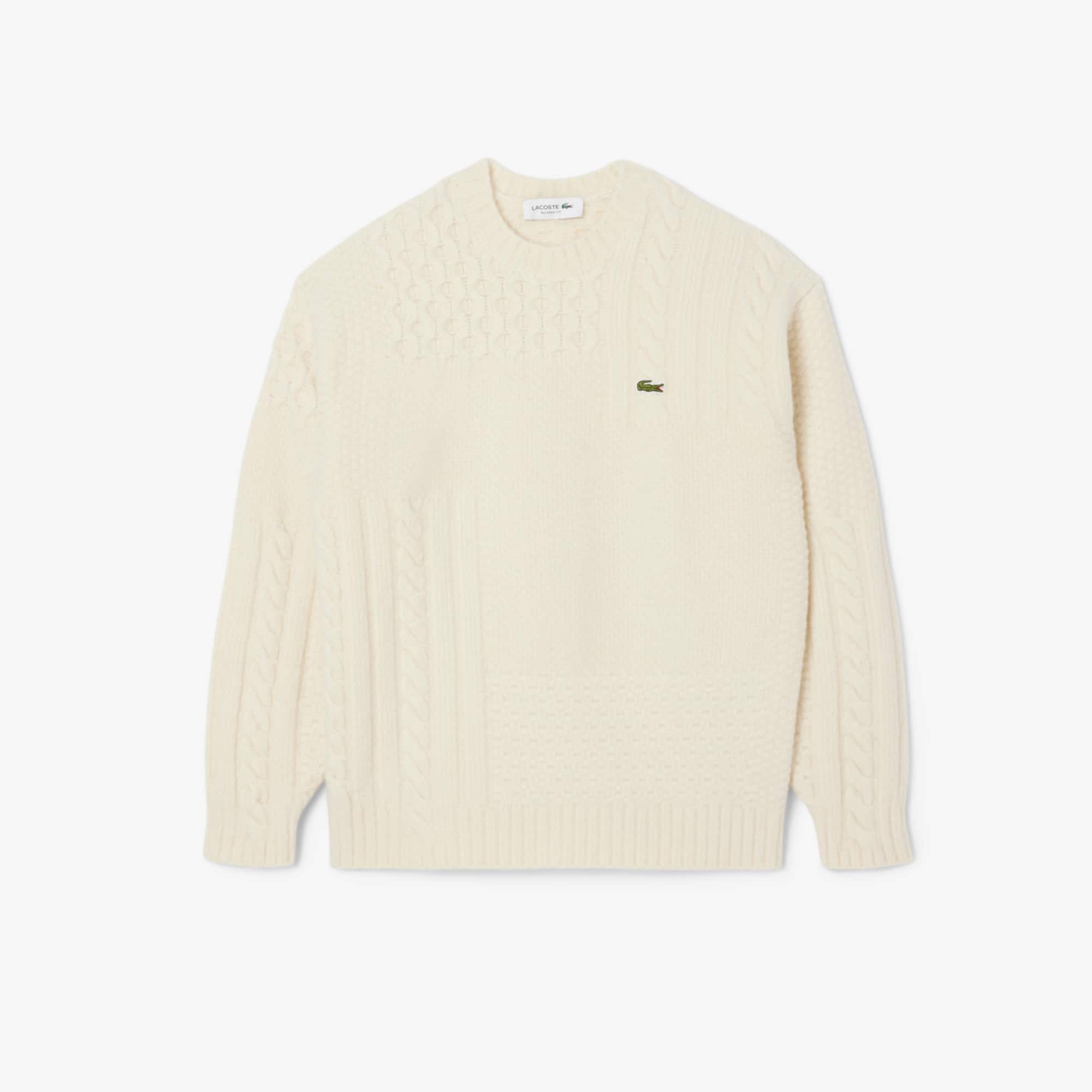 Men's Relaxed Fit Patchwork Effect Wool Sweater - Cream